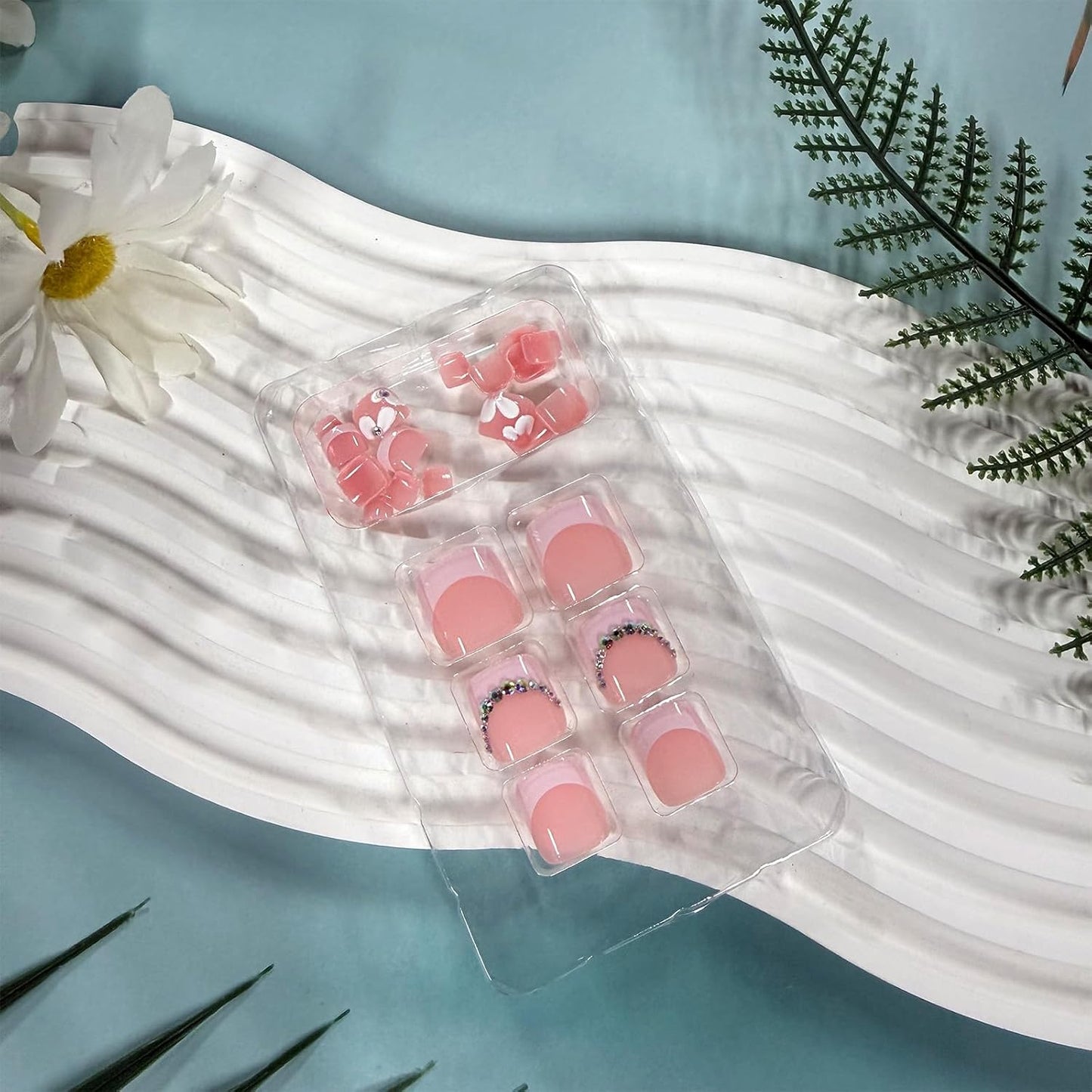 French Tip Press-On Toenails - Short Square Acrylic Nails with 3D Flower & Rhinestones | 24 Pcs Glossy Pink Set