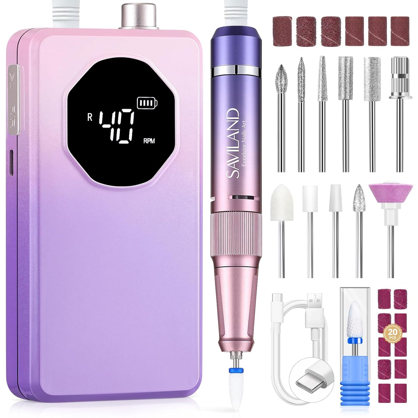 SAVILAND 50000 RPM Nail Drill - Professional Electric Nail File for Fast Acrylic Manicure | Portable Rechargeable Design