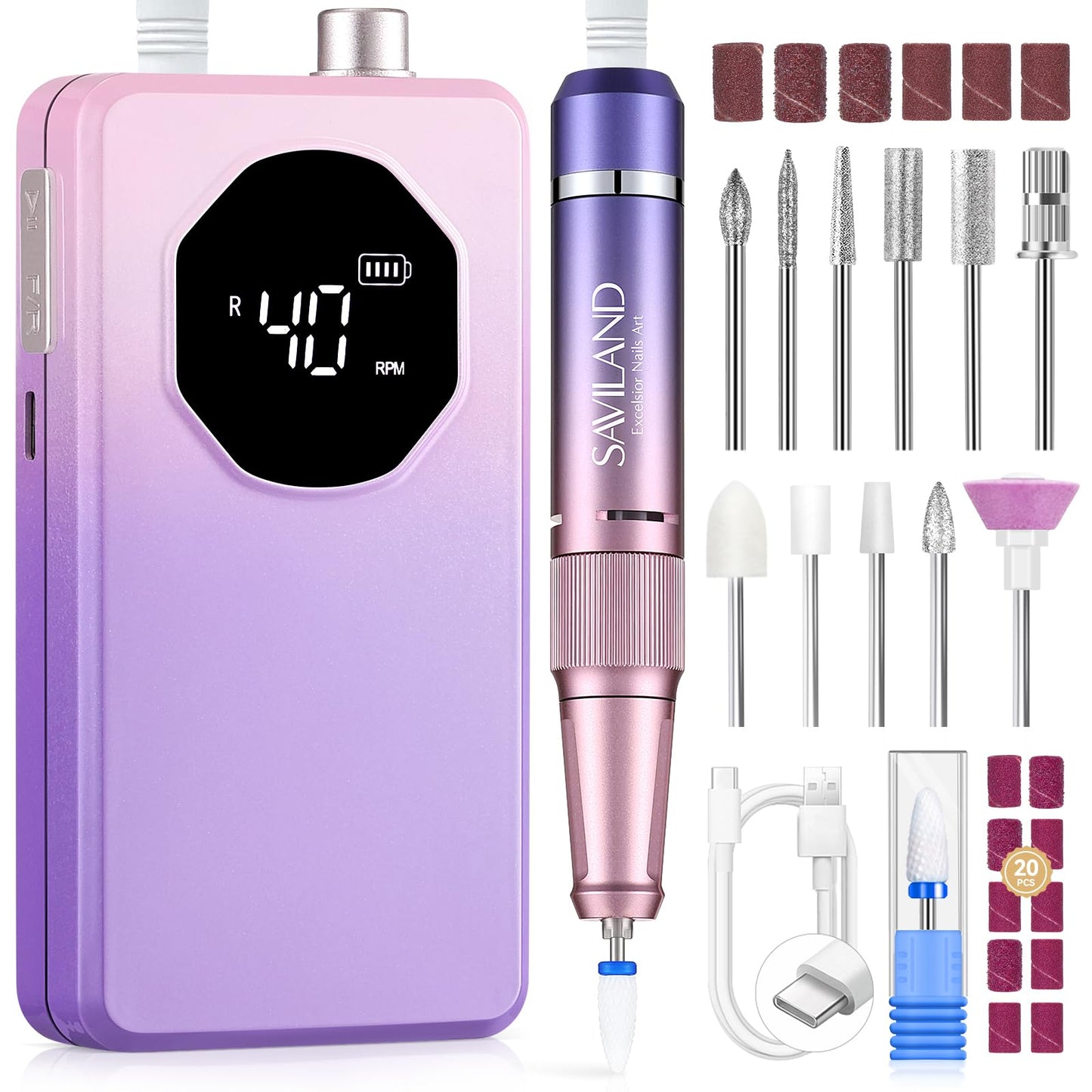 SAVILAND 40000RPM Nail Drill Professional: Portable Electric Nail File Low-Noise 4007mah Rechargeable Nail File Grey 004