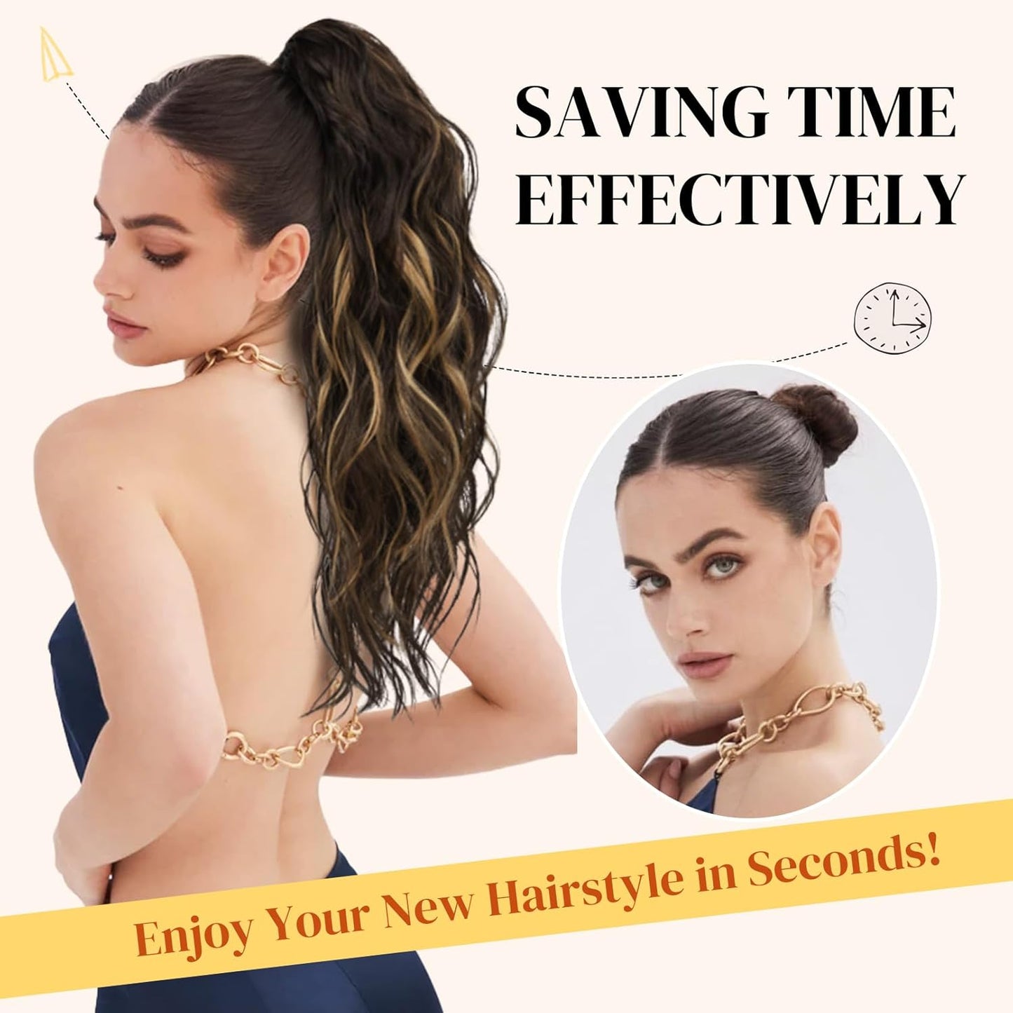 Ponytail Extension - 18" Wavy Claw Clip Hairpiece | Synthetic Curly Ponytail - Black Brown
