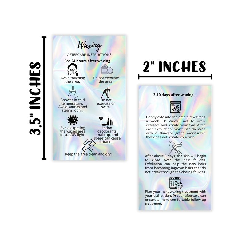 Waxing Aftercare Cards | 50 Pack | Size 2 x 3.5” inches Business Card Size | Waxing Aftercare Kit Cards PMU Matches Pre-Waxing Card | Aftercare Instructions Faux Holo Print Design