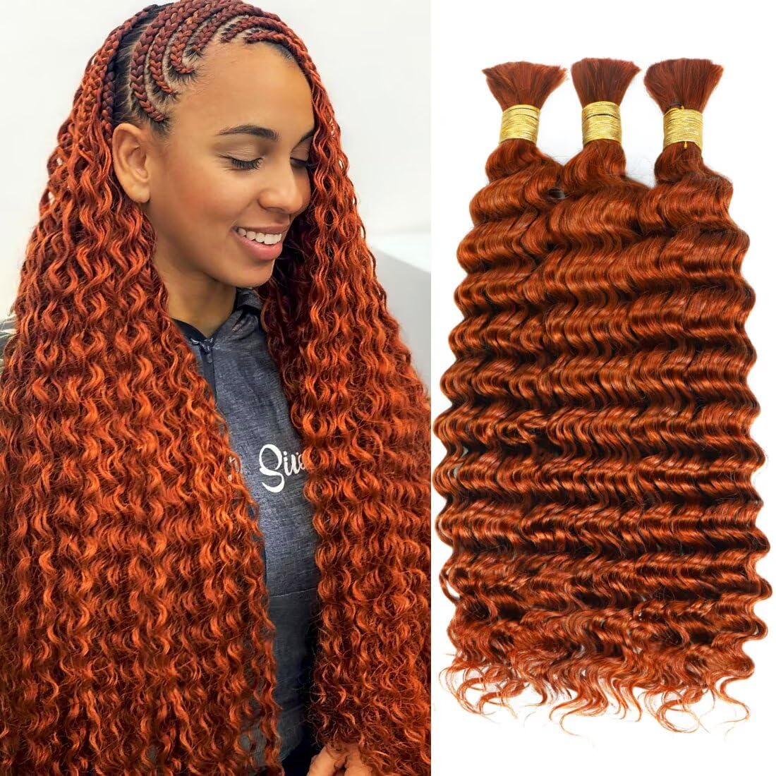 Unprocessed Human Hair for Braiding - #350 Ginger Copper Curly Bulk Hair | 12A Grade, 16 Inch, 150g, 3 Bundles
