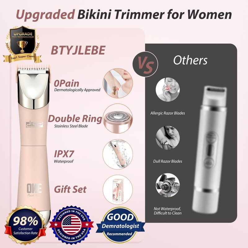 BTYJLEBE 5-in-1 Bikini Trimmer for Women Dual Head【German-TXO-Technology】-Painless-Blade Electric Razors 【IPX7 Waterproof】 Body Shaver for Underarm Leg Arm Body Face Pubic Hair with Storage Bag