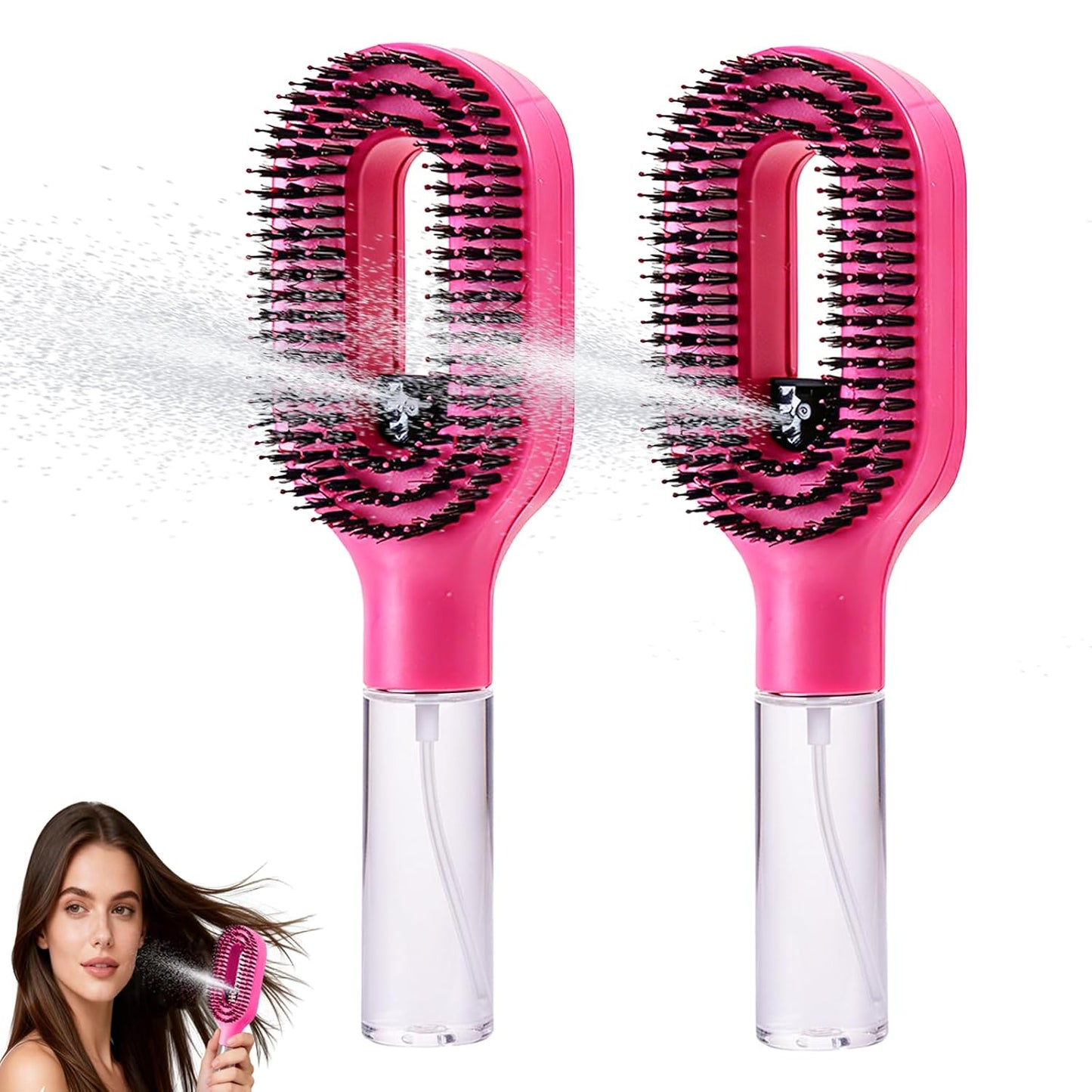 Hair Brush with Water Spray - 2-in-1 Detangling Tool for Frizz Control | Portable Mist Comb for Thick, Curly & Fine Hair - Green