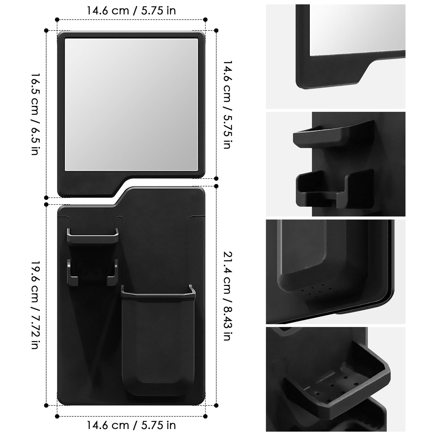 Kottova Shower Mirror Set - Silicone Shower Organizer&Shatterproof Shower Mirror for Shaving - Powerful Silicone Adhesion, Removable and Reusable, Black