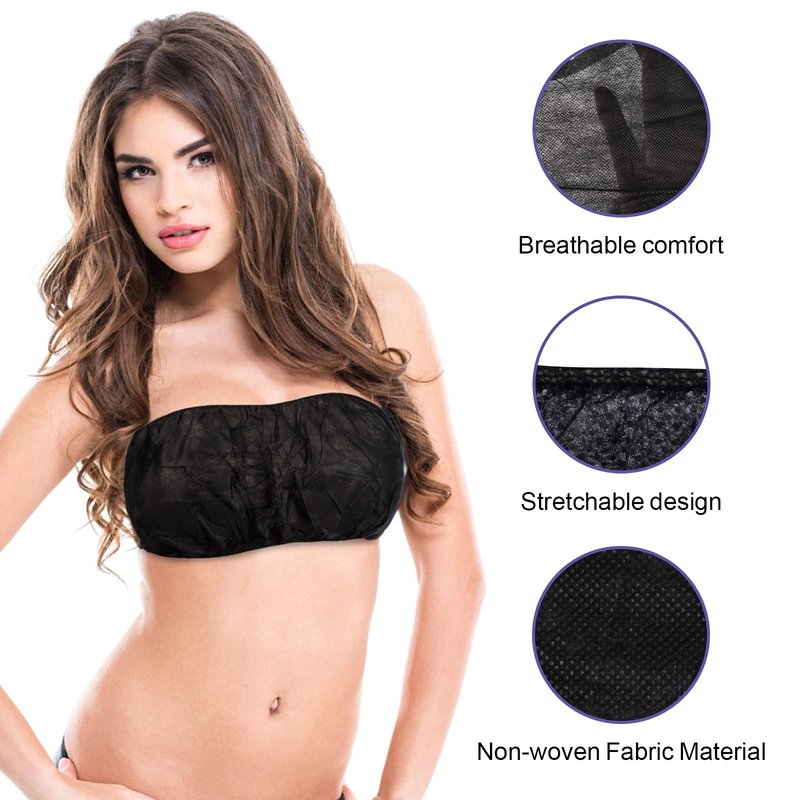 JUNFAN 50 Pack Womens Disposable Vacation Bra Strapless Underwear Individually Wrapped General Size for Beauty Salon, SPA, Spray Tanning Black