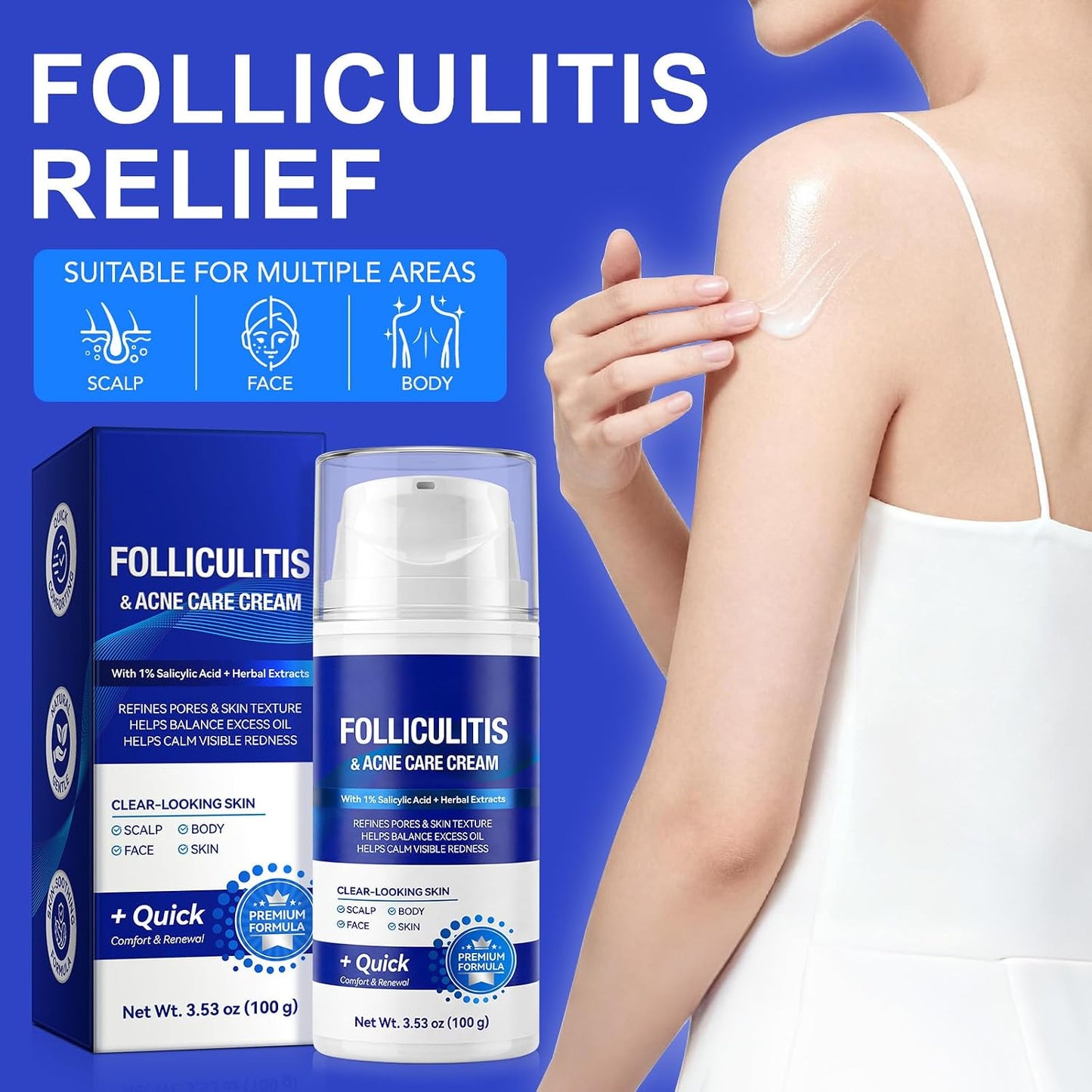 Folliculitis & Acne Cream - Salicylic Acid & Herbal Extracts for Scalp, Face, Body | Soothes Irritated Skin, 100g