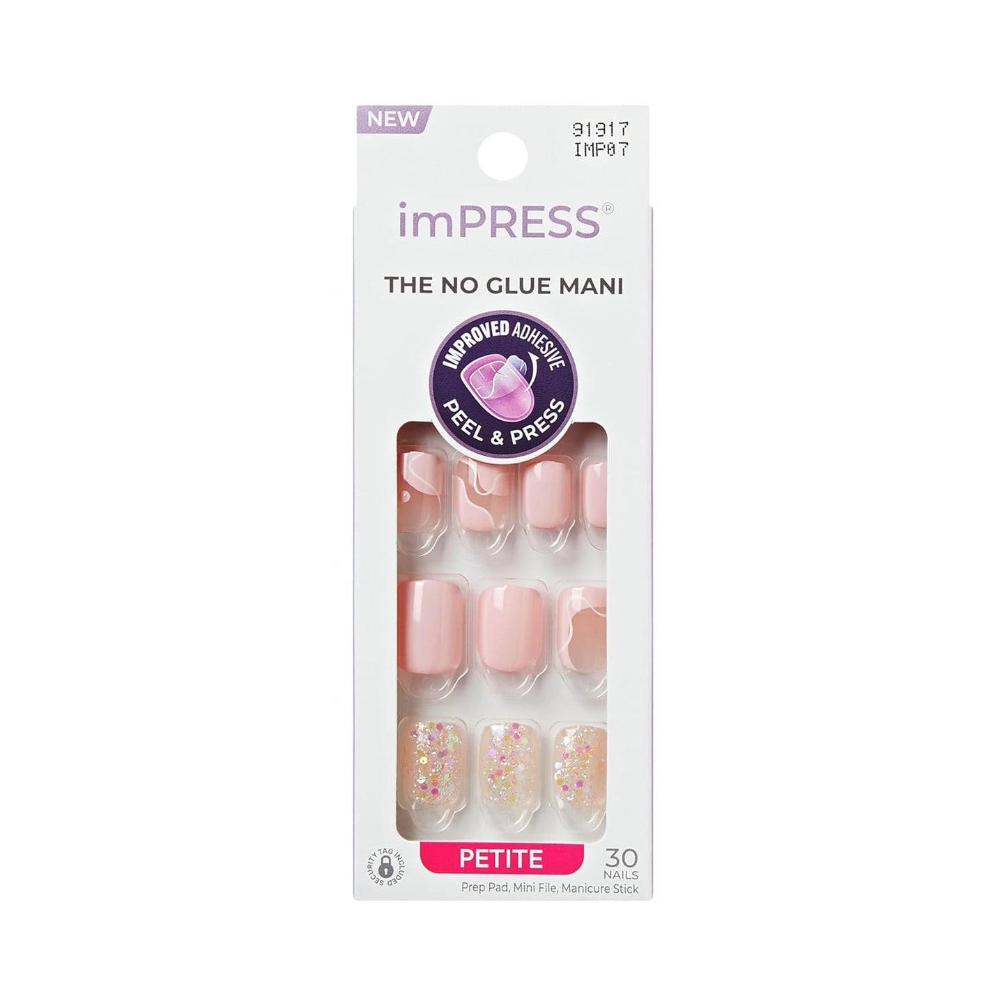 Kiss Impress No Glue Mani Press-On Nails - 'This Feeling' Pink Squoval Design | Petite Size, 30 Nails Included