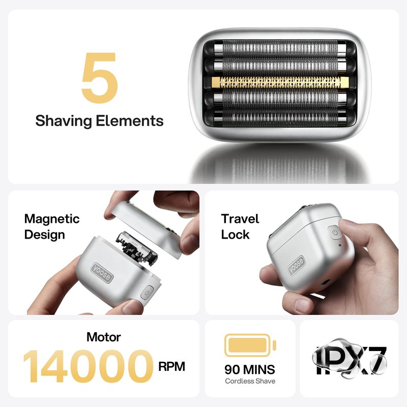 yoose MINI 5 Foil Shaver, Portable Electric Razor for Men, Magnetic 5-Blade Cutting Head, IPX7 Waterproof, USB-C Rechargeable, 90 Min Cordless Dry Shave, Electric Shaver with Pouch, Silver