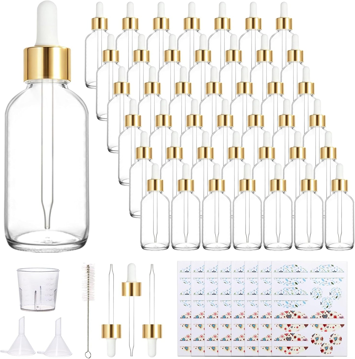 Clear Glass Bottles - 42 Pack 4oz with Eye Droppers for Essential Oils | Includes Funnels, Labels & Measuring Cup