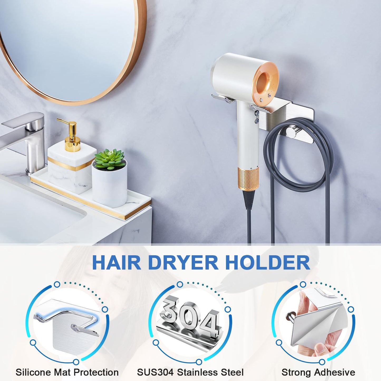 XILIMEN Hair Dryer Holder Wall Mounted, Blow Dryer Holder Adhesive, Metal Hairdryer Holder for Bathroom, Hair Tool Organizer with Plug&Cord for Cabinet Bathroom Bedroom Barber Shops (Sliver)
