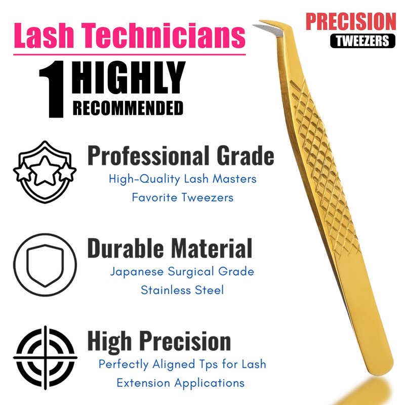 My Lash Tools Fiber Tip Lash Tweezers for Eyelash Extensions Professional Lash Tech Supplies Must Haves Volume Boot Eyelash Tweezers 12cm Stainless Steel Mink Fan Making Lashing Tweezer (Gold)