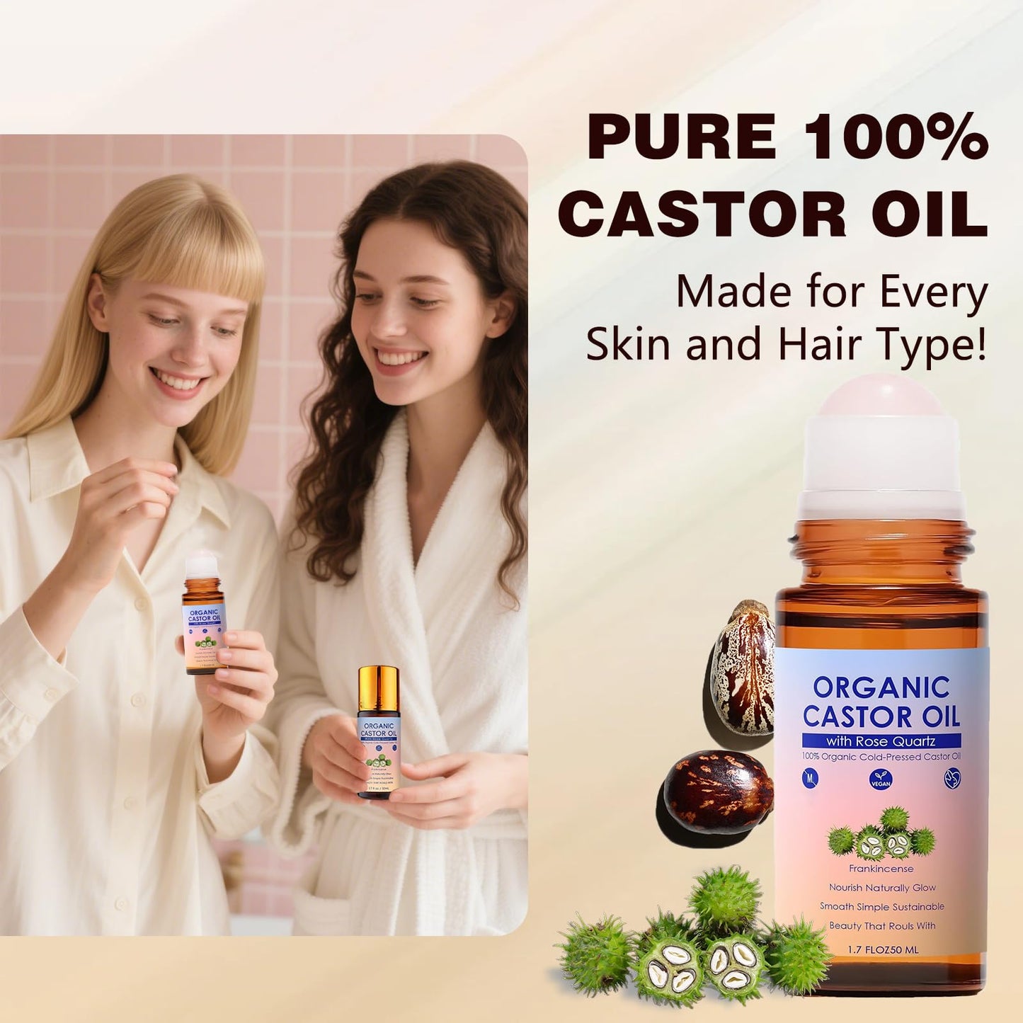 LHBMET Organic Castor Oil with Rose Quartz Roller, Cold-Pressed Pure Organic Castor Oil Roller Ball for Hair, Eyelashes, Eyebrows & Skin (1)