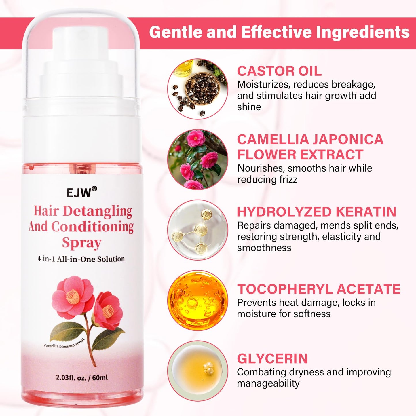 EJW Hair Detangler Spray – Leave-In Conditioning for Tangle-Free Hair – Instantly Detangles Knots, Smooths & Moisture, Prevents Breakage & Frizz – 2.03 fl oz