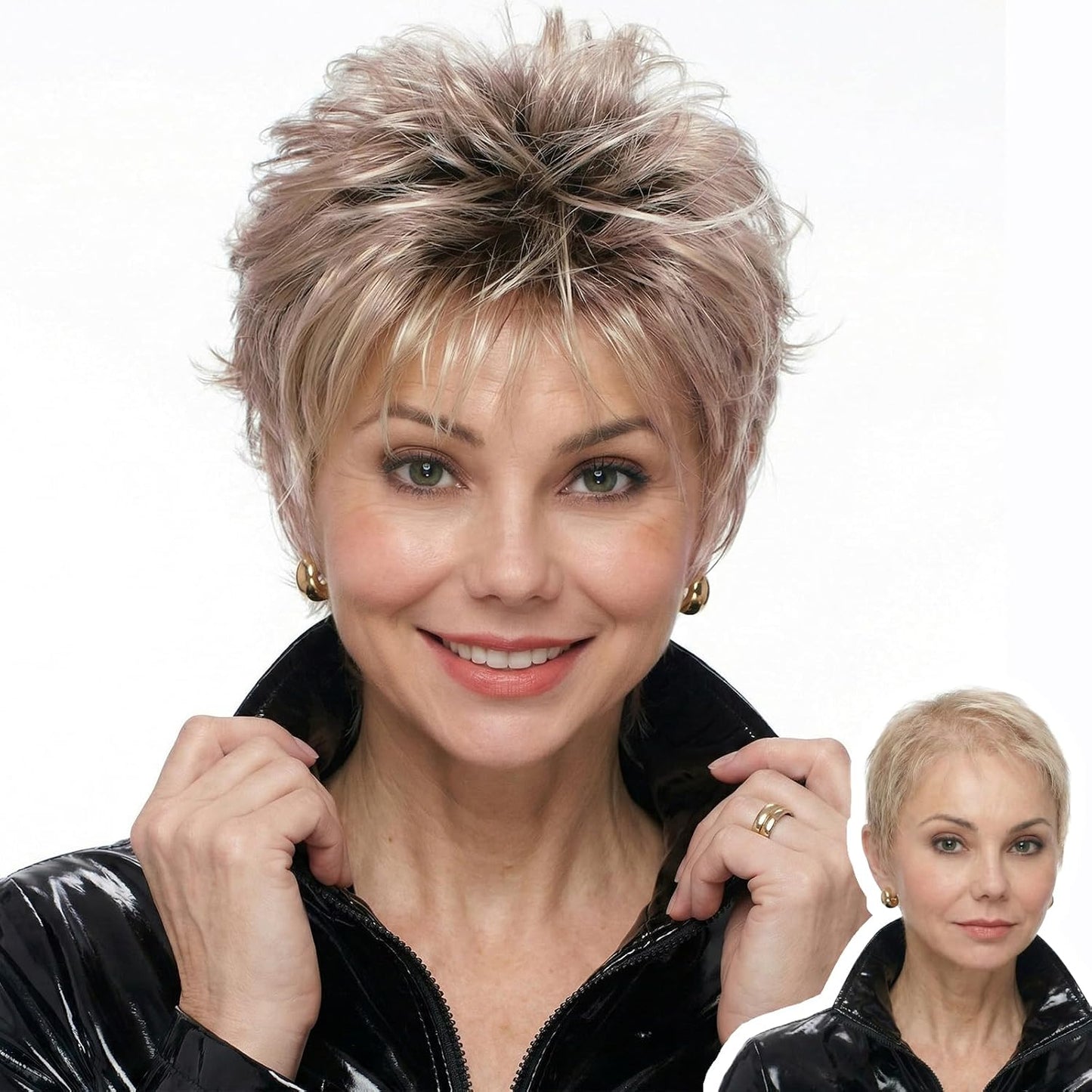 Short Pixie Wig for Women | Curly Ash Blonde with Dark Roots - Heat-Resistant Synthetic Wig with Bangs, Lightweight Cap