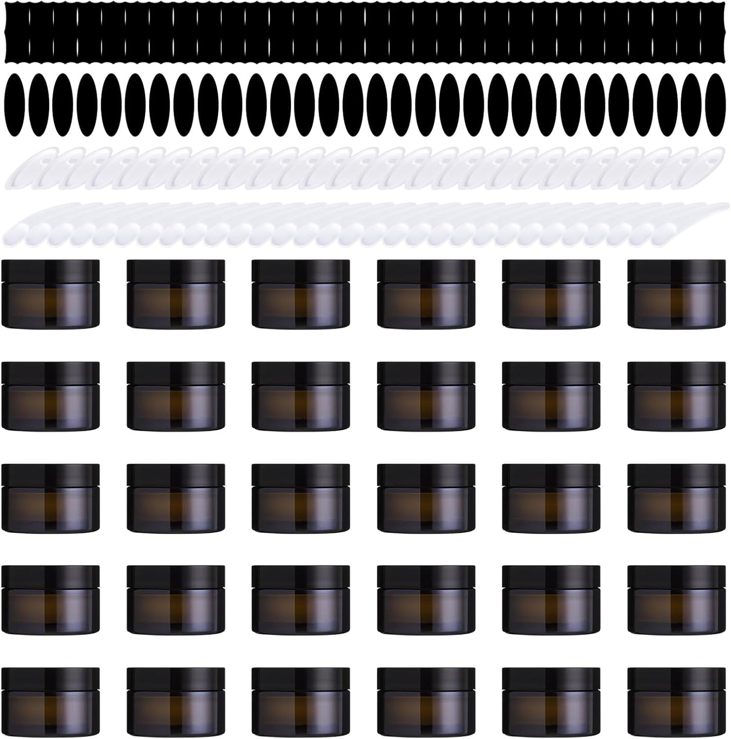 Amber Glass Jars Set - 120 Pcs 60g with Black Lids, Inner Liners & Labels for Scrubs, Lotions & Bath Salts