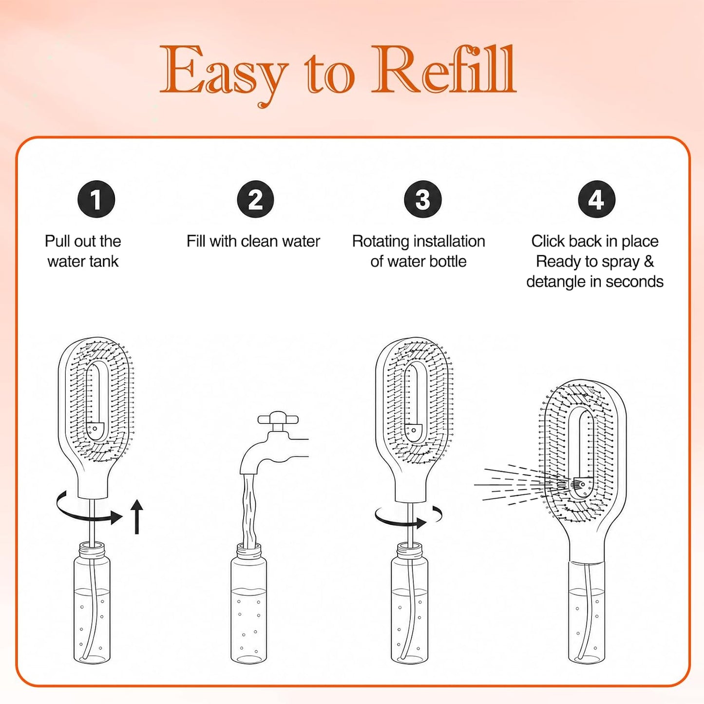 Detangling Hair Brush with Water Spray - Portable Fine Mist Tool for Curly Thick Hair | Lightweight Wet & Dry Styling, Orange
