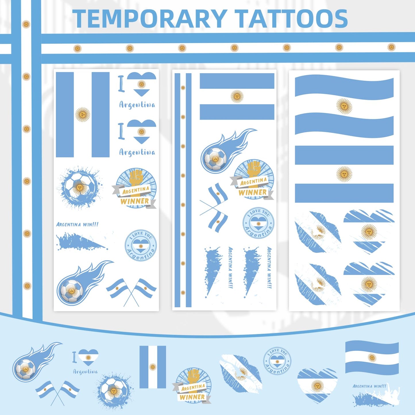 2026 World Cupfor Temporary Tattoos & St Patrick's Day Tattoos, 16PCS 12CM×6CM National Flag Stickers for Fans (Argentina)