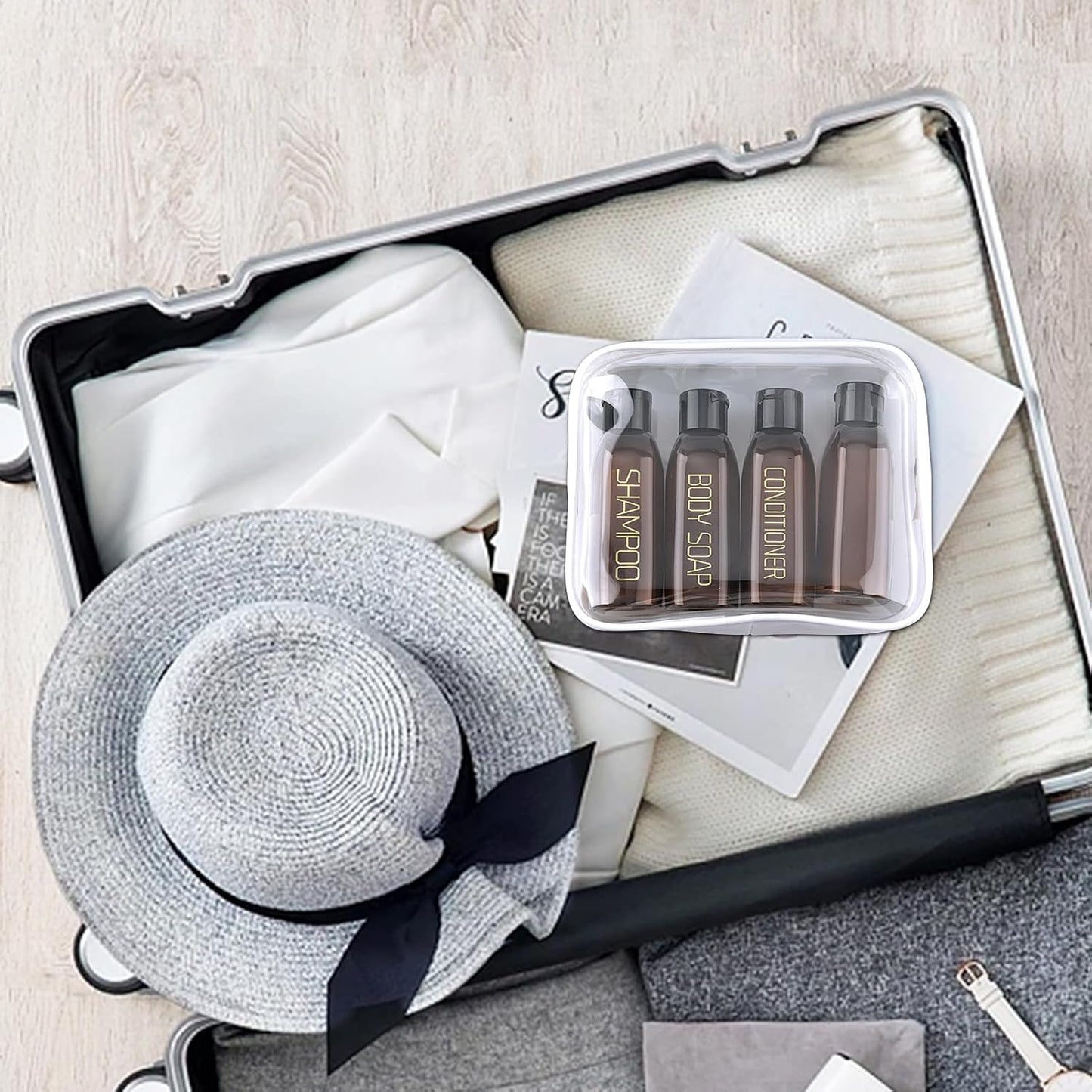 Travel Toiletries Bottles Set - 4PCS 3.4oz Leak Proof Shampoo & Conditioner Containers | TSA Approved Squeeze Bottles