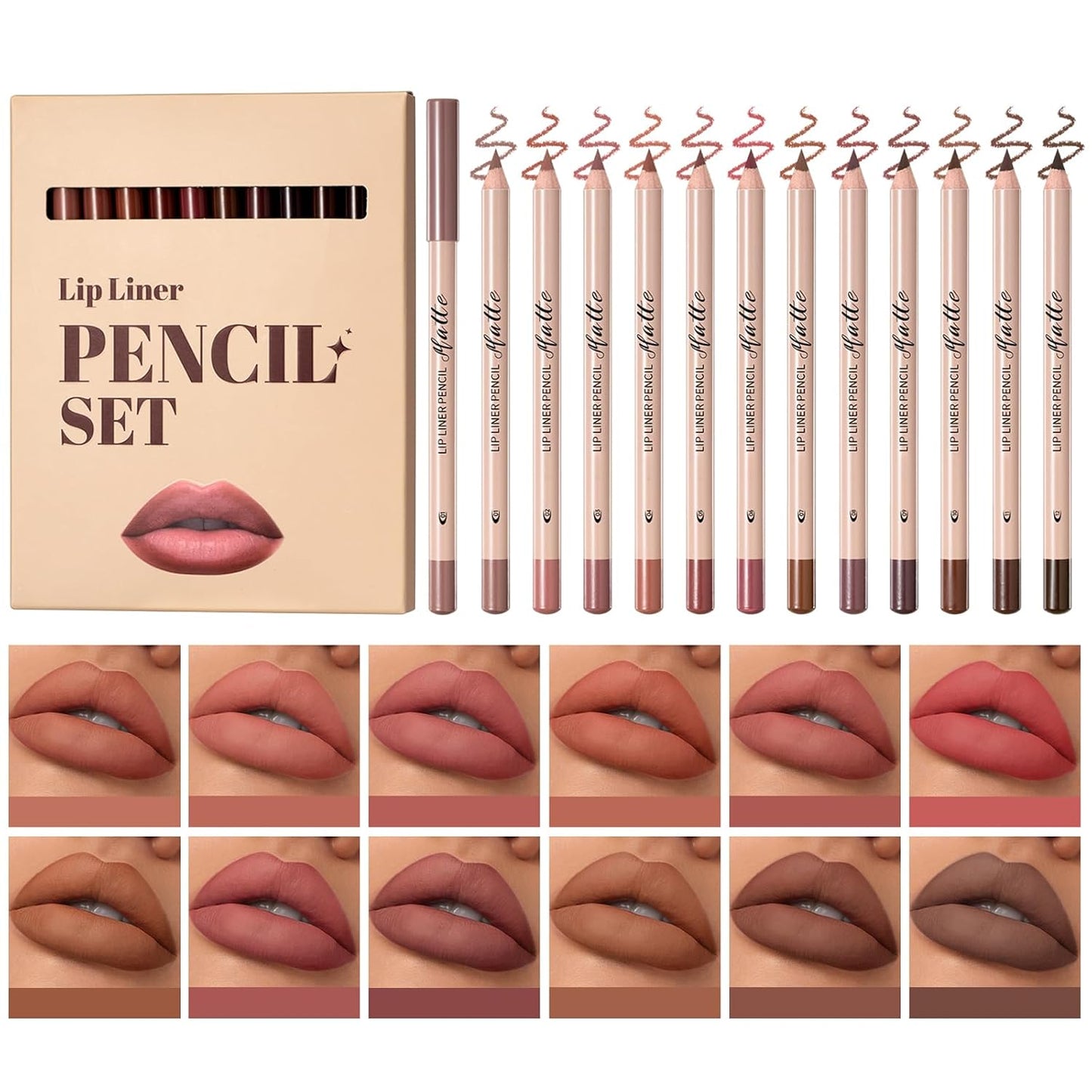 Matte Velvet Lip Liner Set - 12 Highly Pigmented Waterproof Pencils | Natural Nude & Brown Shades