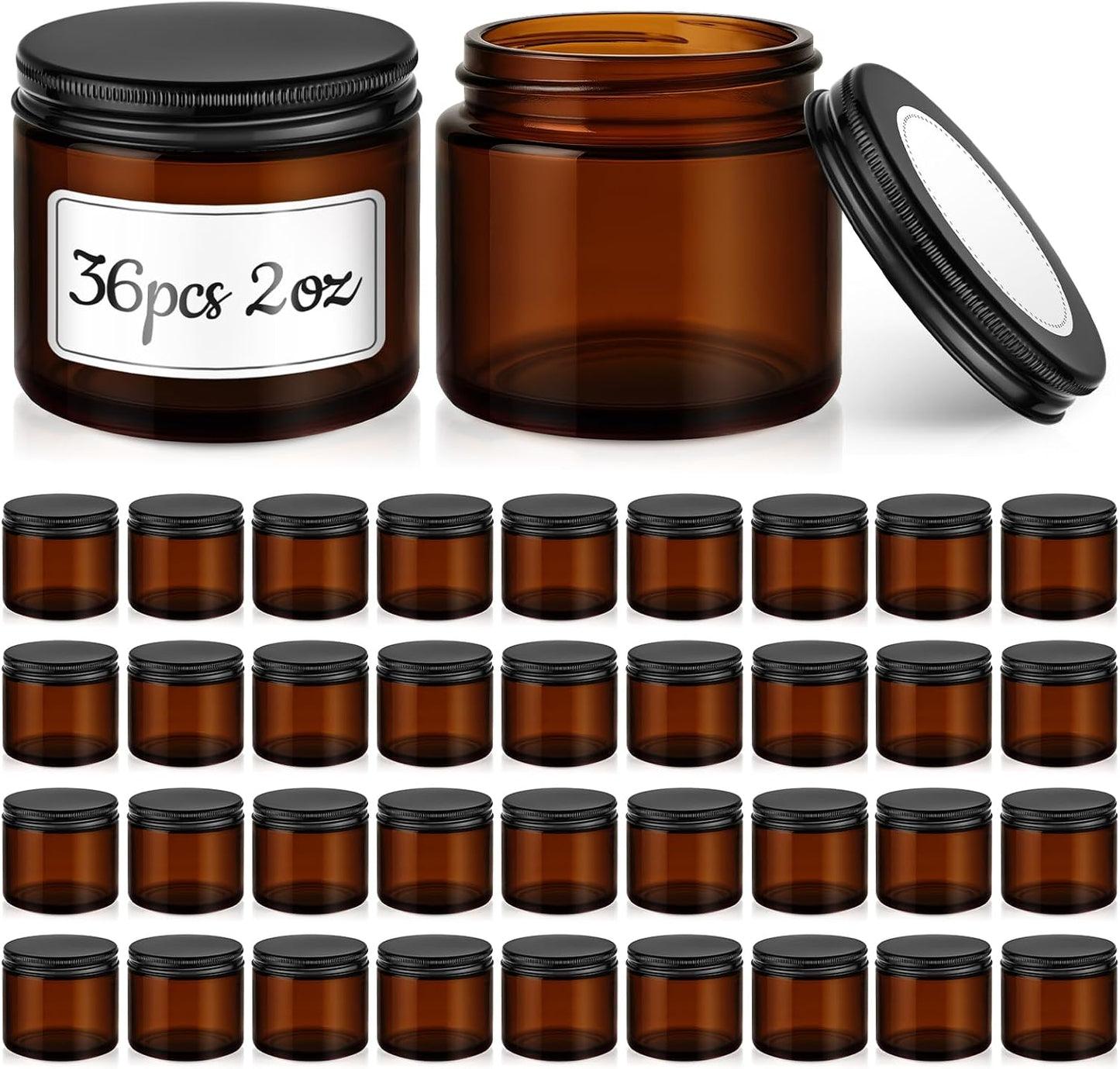 Amber Glass Jars - 2 oz Leakproof Containers with Black Lids | 36 Pack for Lotions, Powders & Candle Making