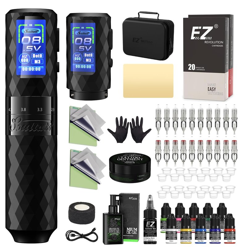 EZ Tattoo Kit - Tattoo Gun Kit with 6 Strokes 2.5-4.8mm Tattoo Machine Pen, Extra 1600mAh Battery Power Supply, 20Pcs Tattoo Cartridge Needles and 11 Color Inks for Beginners and Artists