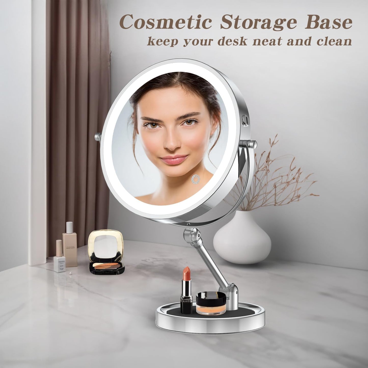 Rocollos Tabletop Makeup Mirror with Built-in Vanity Tray, 9" Rechargeable 4000mAh Lighted Vanity Mirror 1X/10X Magnification, Height-Adjustable Arm, 3 Color Dimmable (Nickel)