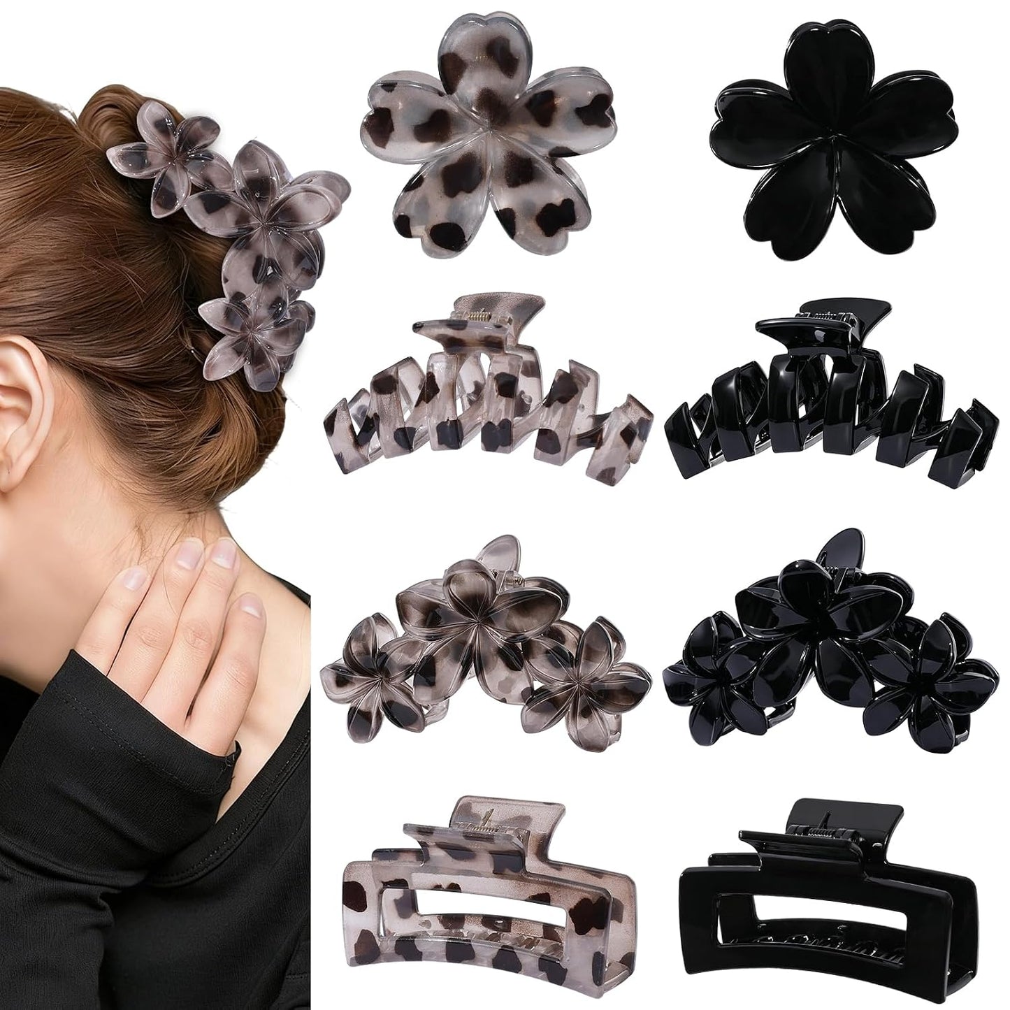 Hair Clips for Women - 8 Pcs Stylish Flower Claw Clips for Strong Hold | Black & White Tortoise