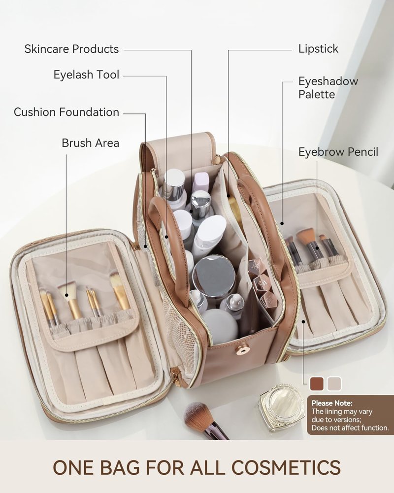 Makeup Bag for Women - Large Capacity Waterproof Travel Organizer | Portable Flat Toiletry Bag with Brush Holder (Brown Medium)
