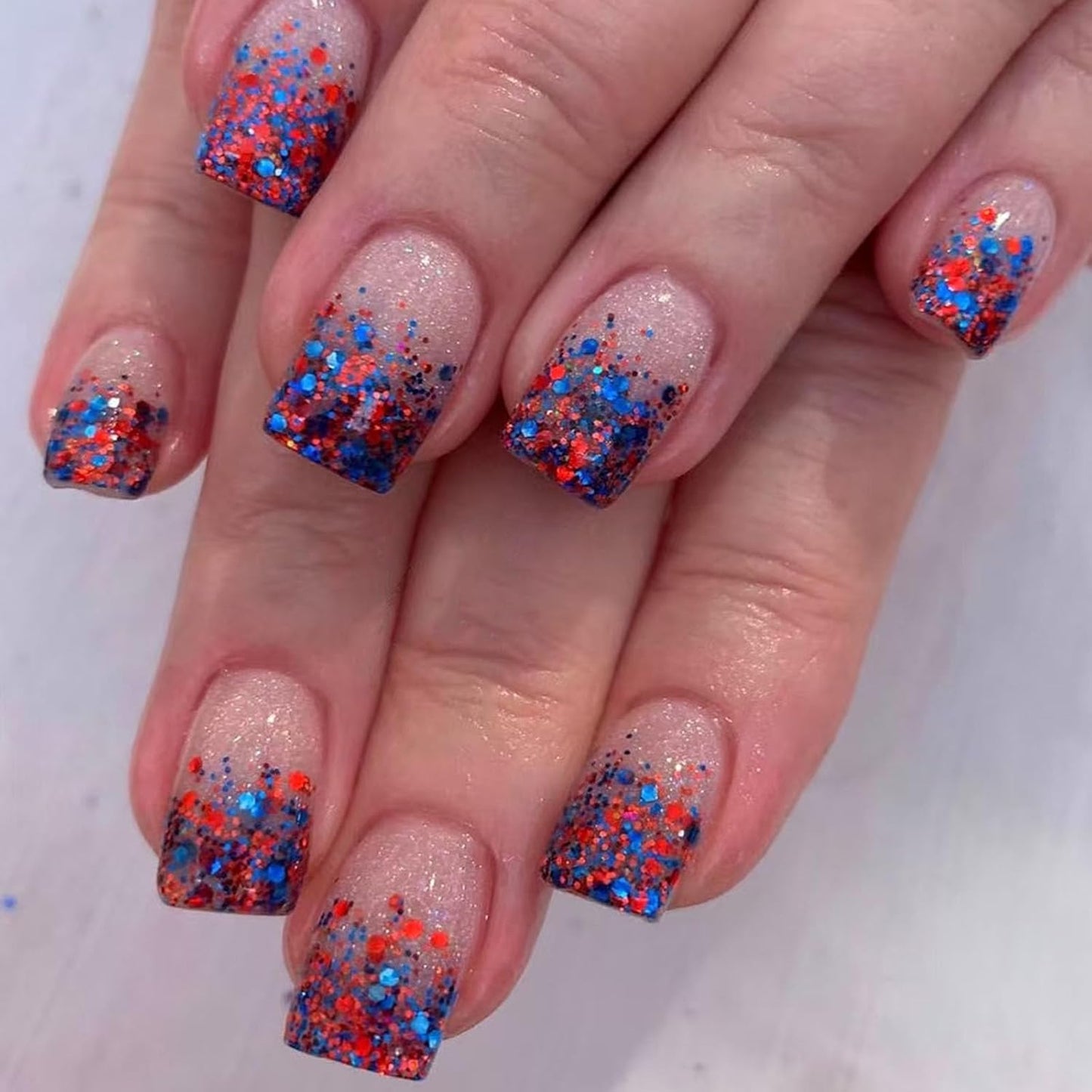 Press On Nails - Short Square Red, White & Blue Acrylic Nails with Glitter Stars | 4th of July Designs, 24 Pcs