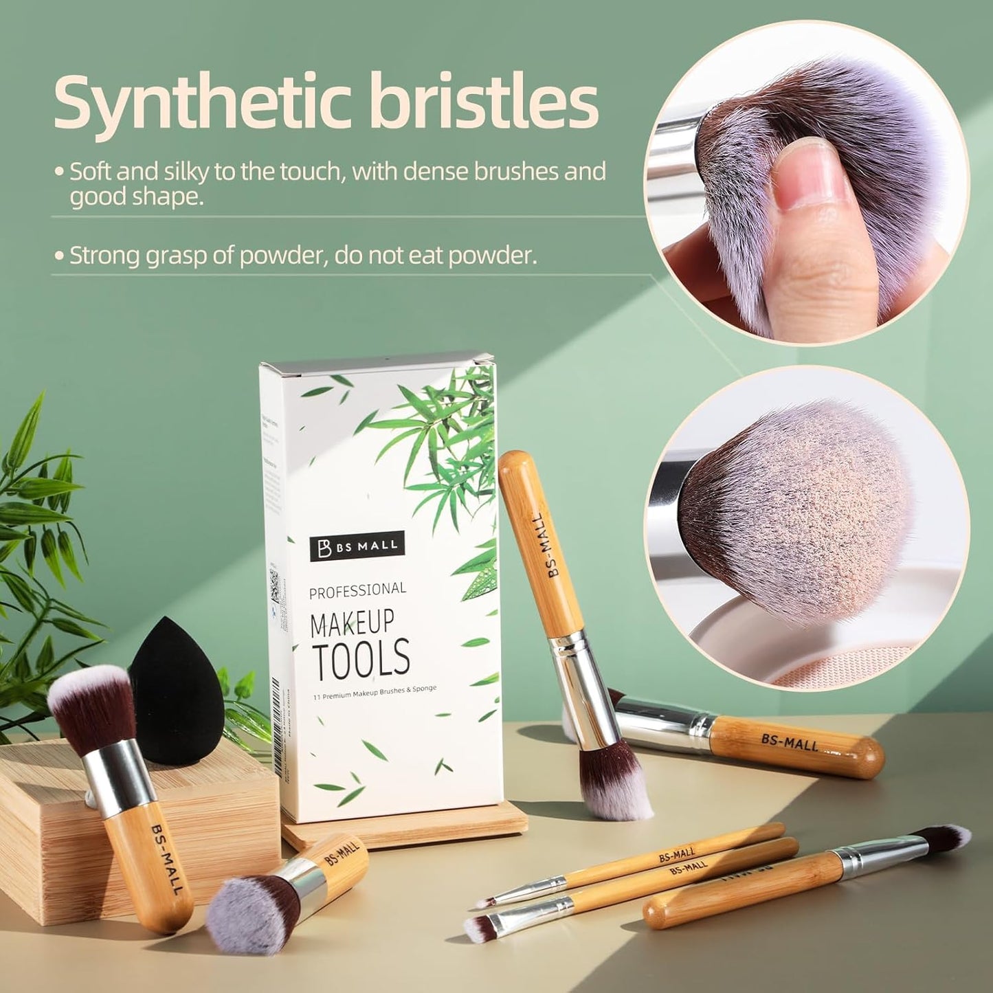 BS-MALL Makeup Brush Set - 11 Pcs Professional Bamboo Brushes for Foundation, Blush & Eyeshadow | Ideal for Travel & Beginners