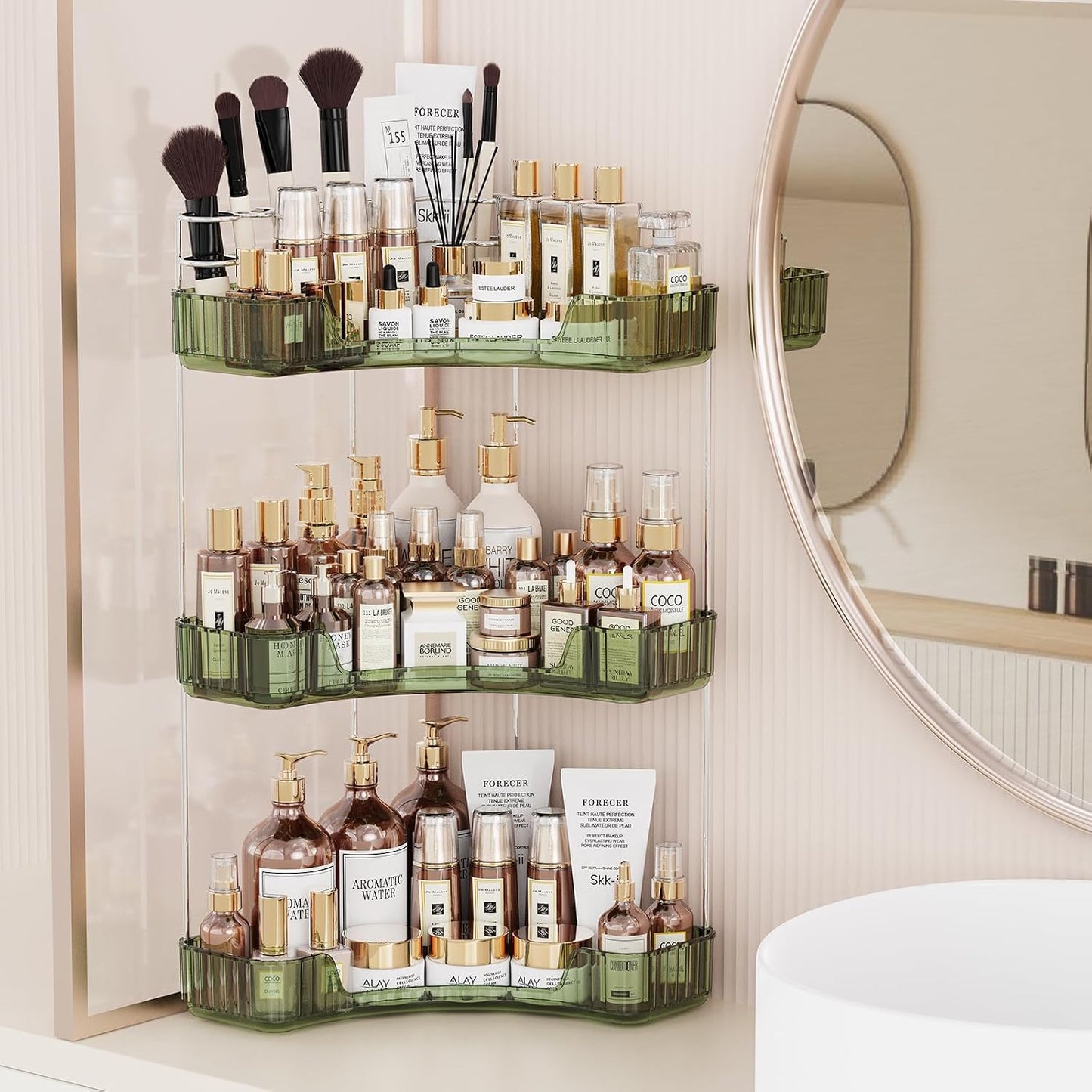 2-Tier Corner Bathroom Counter Organizer - Clear Makeup & Skincare Holder | Toothbrush & Brush Storage