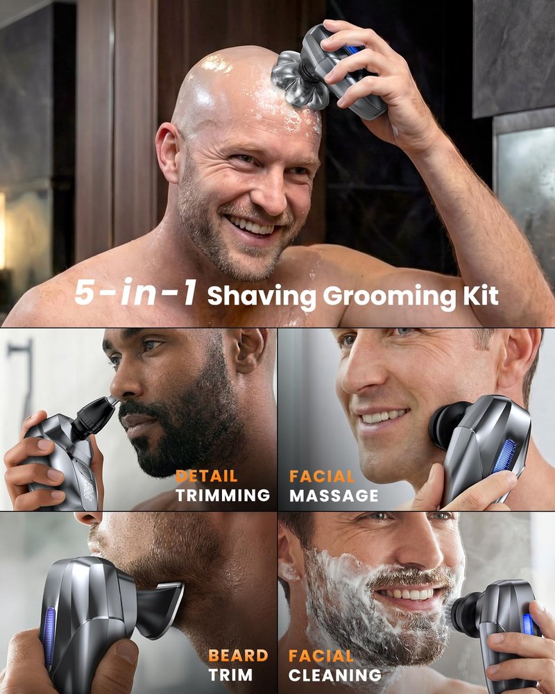 Vylto Head Shavers for Bald Men, 5-in-1 Electric Shaver Grooming Kit, 7D Floating IPX7 Waterproof Rechargeable Wet/Dry Razor for Skull Bald Head, Body Hair, with Massager, Gray