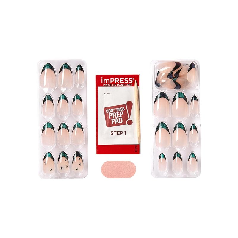 Impress No Glue Press-On Nails - 'Visions' Green Almond Shape | Medium Size, 30 Nails & Accessories Included