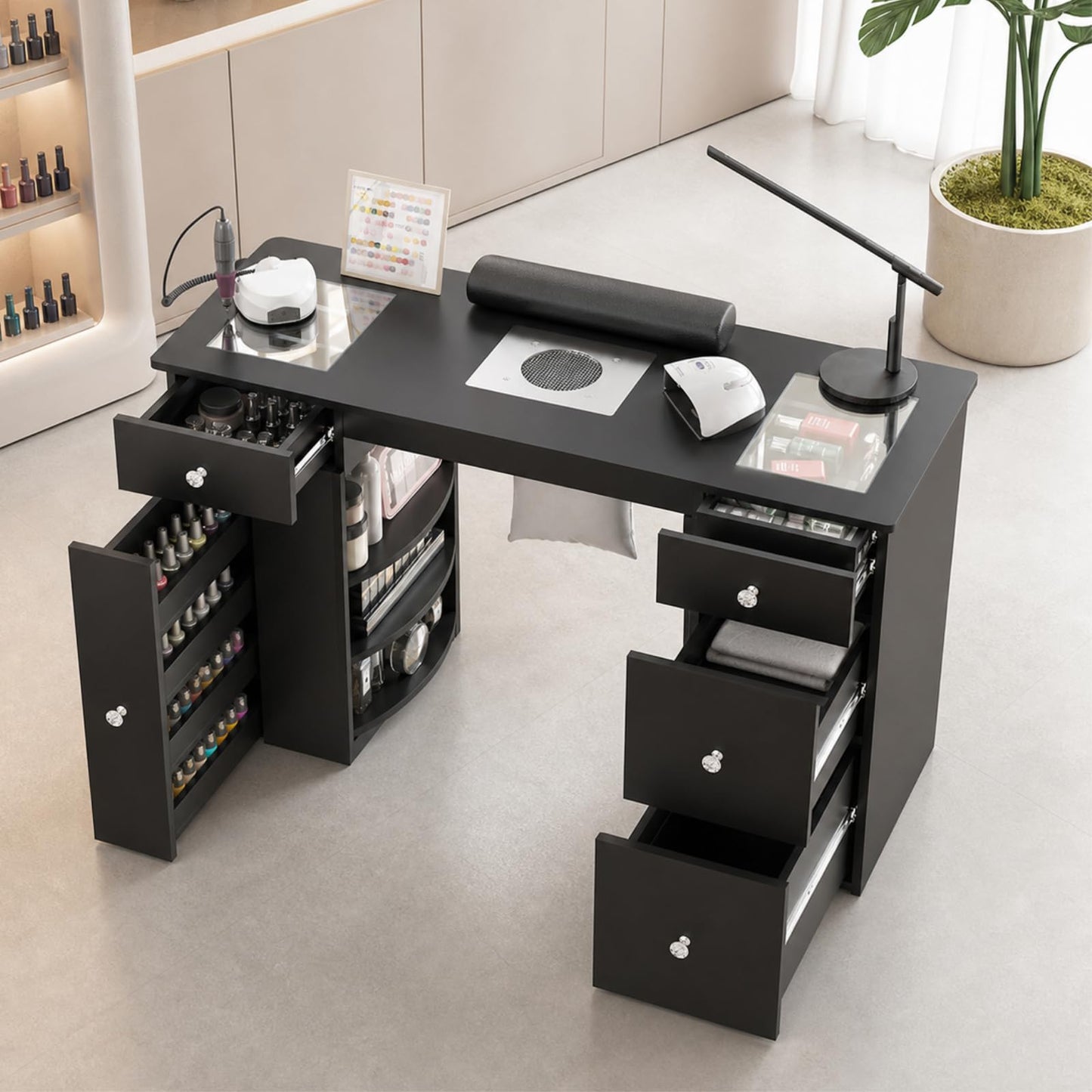 Manicure Table for Nail Tech with Glass Top, Visible Drawers & Trash Bag Holder, Acetone-Resistant Manicure Nail Desk, Beauty Salon Workstation with Wrist Rest & Electric Dust Collector (Black)