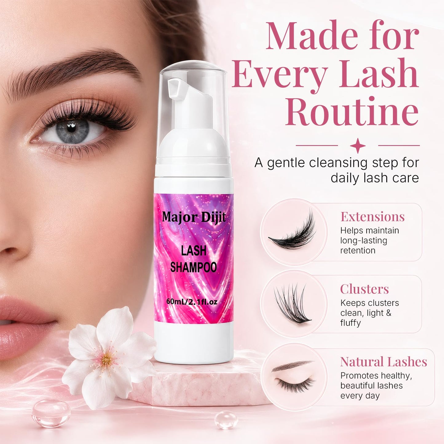 Major Dijit Lash Shampoo Kit Lash Cleaning Kit with Brush/Rinse Bottle Oil-free Cleanser Wash for Extensions & Clusters & Natural Eyelashes Cleaner for Eyelash Care (White Kit)