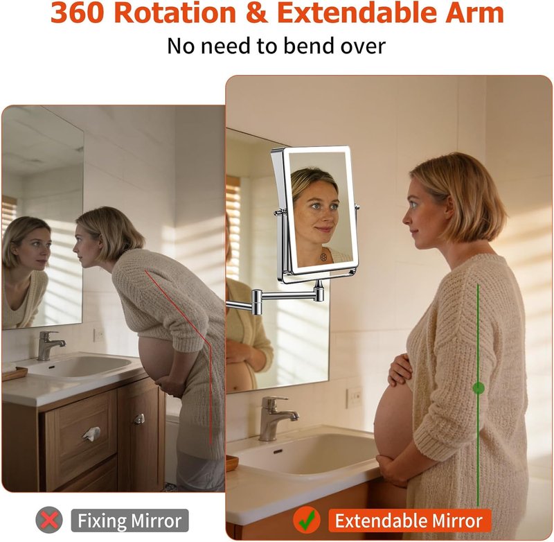 FUNTACH 5000mAh Rechargeable Makeup Mirror - 8.7" Double-Sided 1X/30X Magnification | Dimmable 3-Color Light, 360° Wall Mount