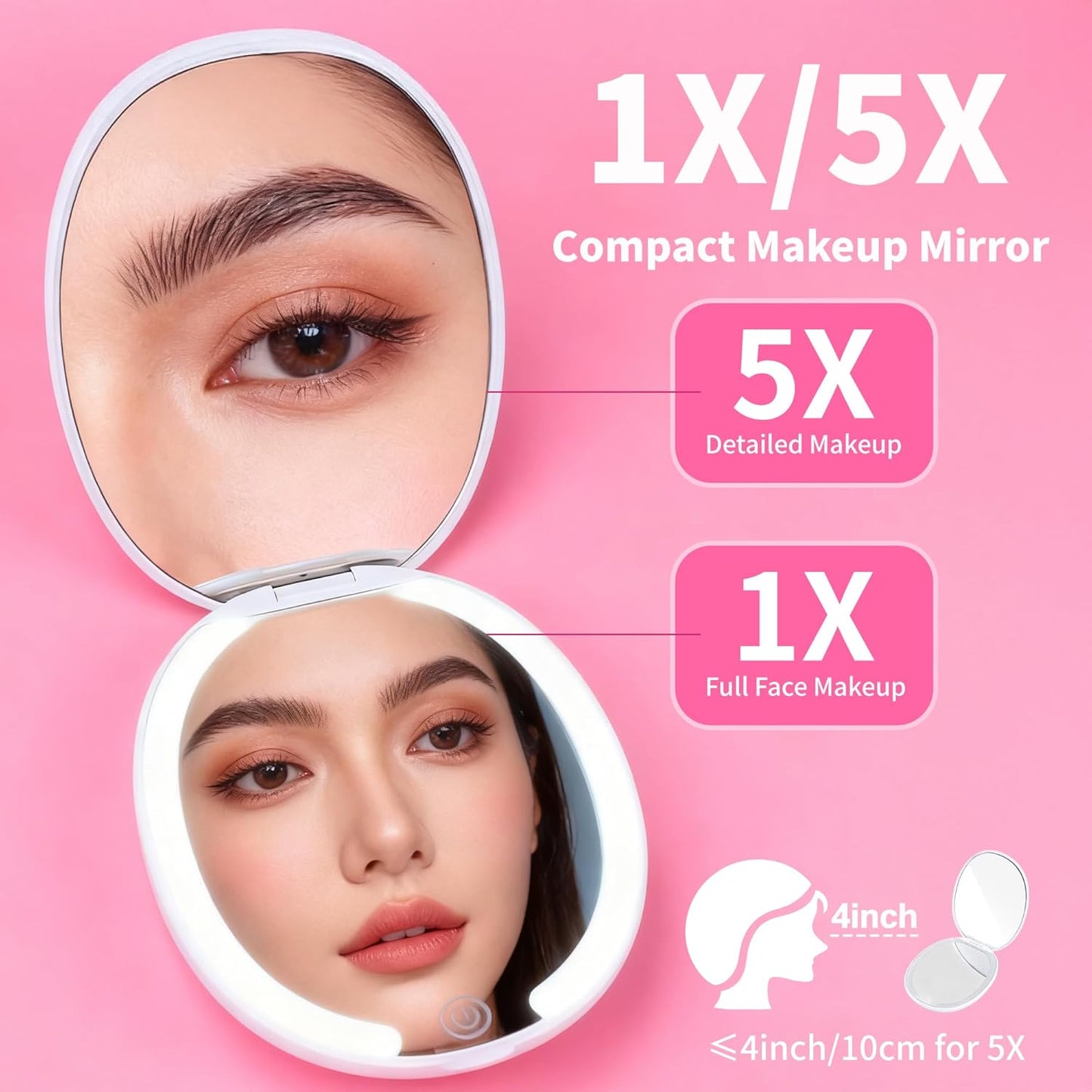Portable Makeup Mirror - 1X/5X LED Lighted Magnifying Mirror | Compact USB Rechargeable Travel Size in White