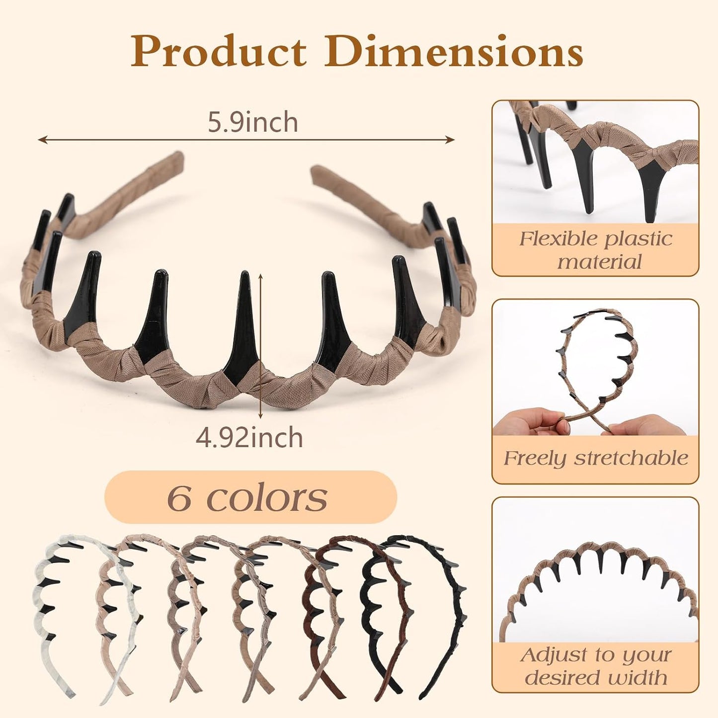 Zig Zag Headbands for Women - Non-Slip Wavy Comb Design | 6 Pcs Set, Ideal 90s Hair Accessories