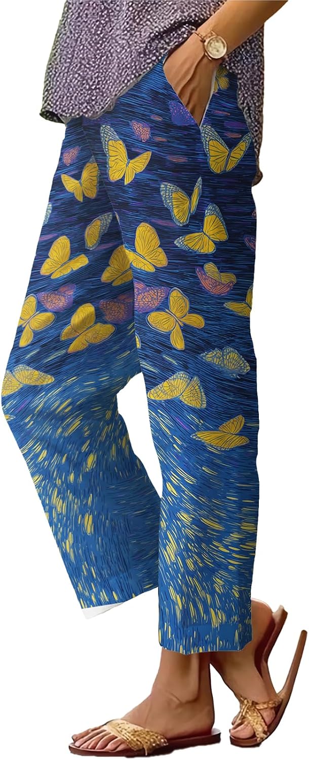 Womens Plus Size Floral Boho Capris - Elastic Waist Beach Trousers | Casual Summer Pants