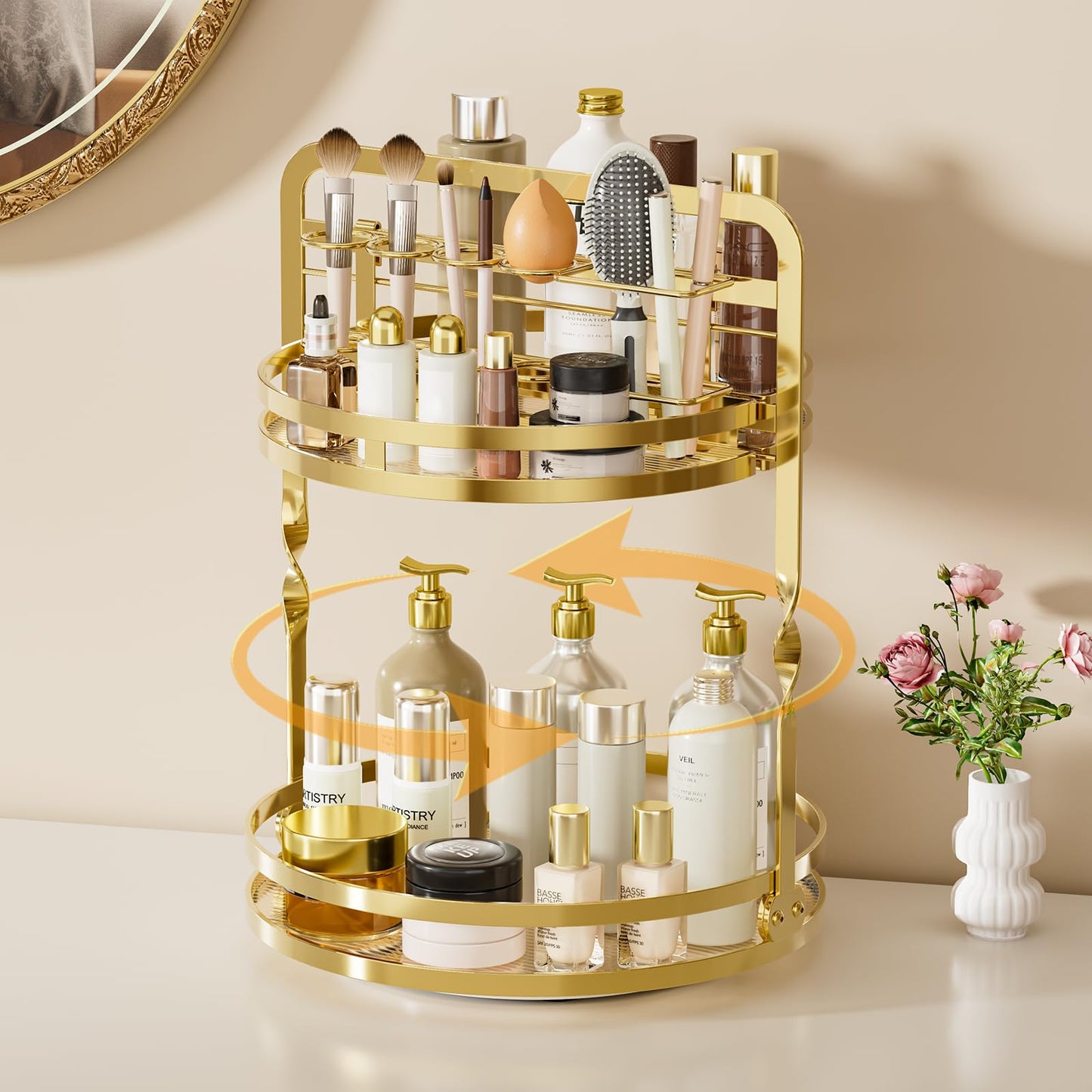 360° Rotating Makeup Organizer, 2-Tier Gold Perfume Organizer for Dresser, Bathroom Organizers Countertop, Perfume Shelf with Makeup Brush Holder, Skincare Holder Cosmetic Display(Gold)