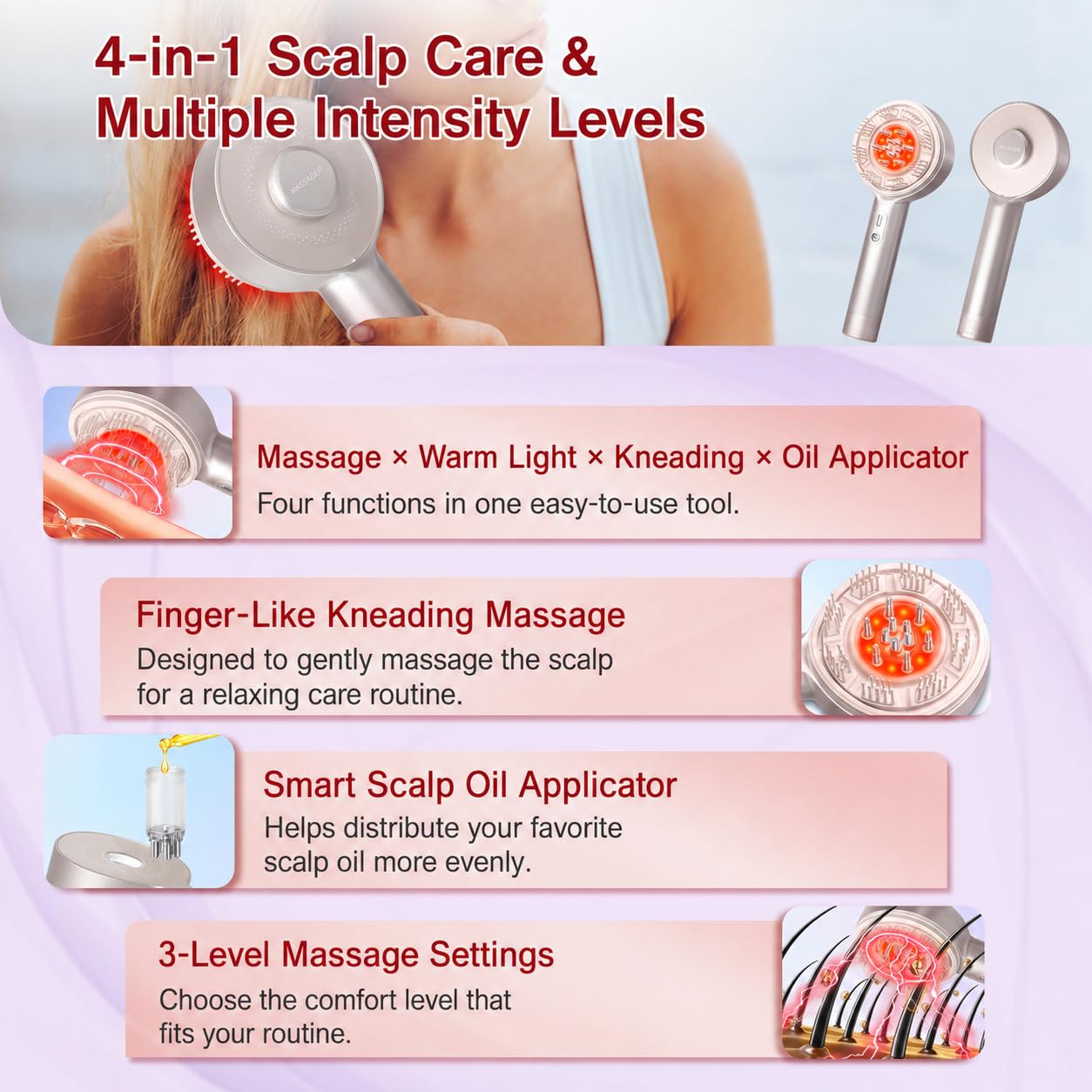 BEKOIUP 4-in-1 Electric Scalp Massager, Cordless Head Massager with Hair Oil Dispenser, IPX7 Waterproof, Portable Scalp Grooming Brush for Home & Travel, White