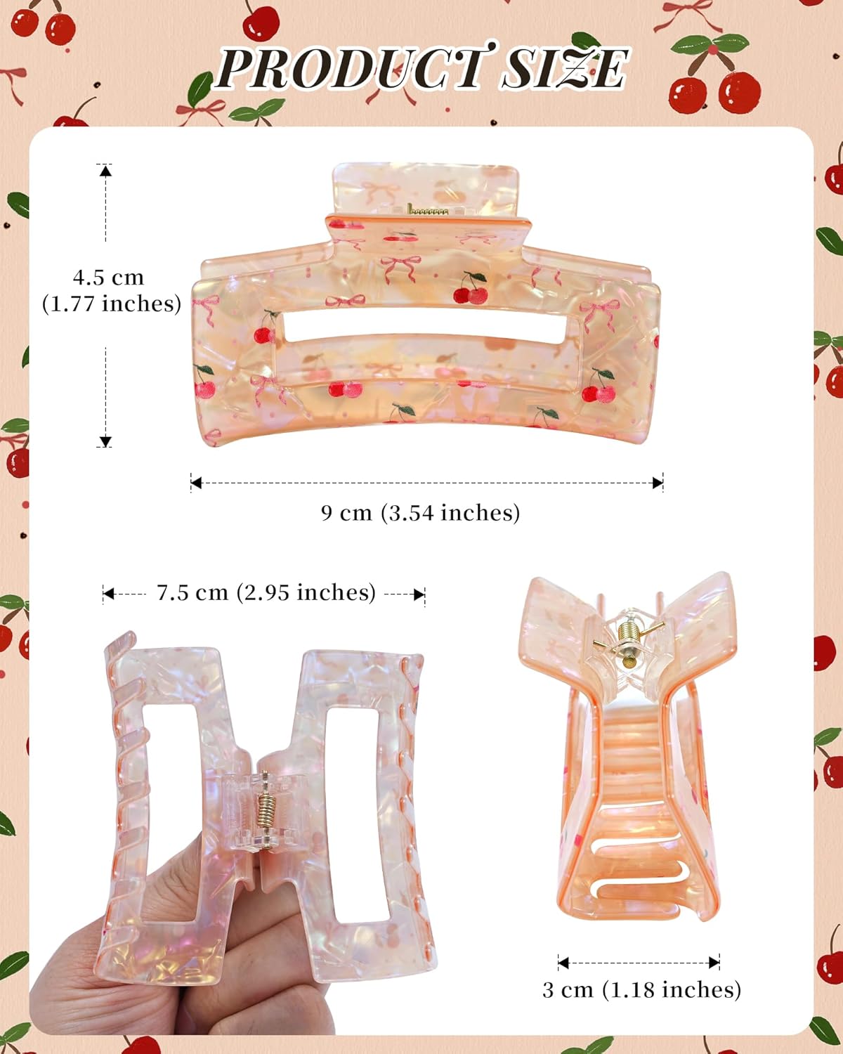 Cherry Printed Hair Claw Clips - 3 Pack Medium Square Non-Slip Grip | Acrylic Strong Hold (Pink, White, Yellow)