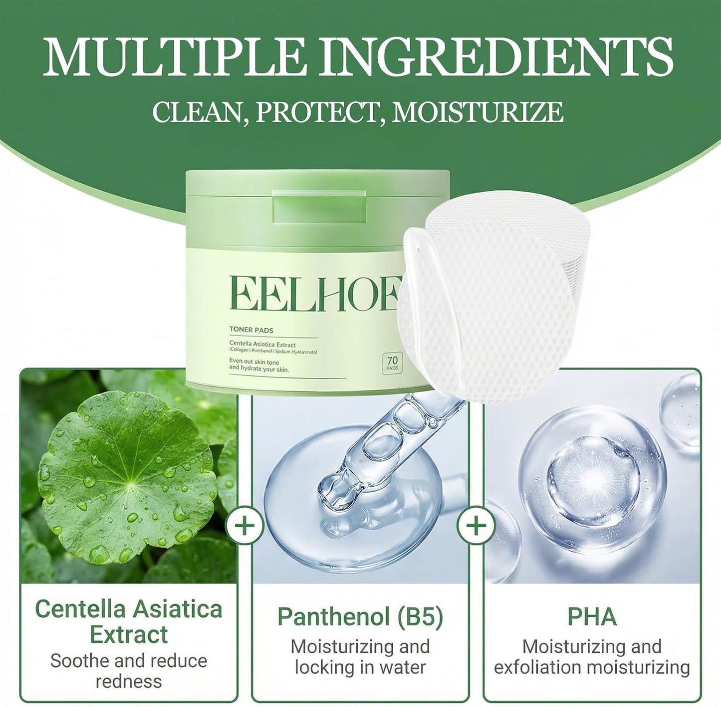 Toner Pads - 70 Count Centella Asiatica & Collagen Infused for Even Skin Tone | Hydrating & Repairing Dark Spots