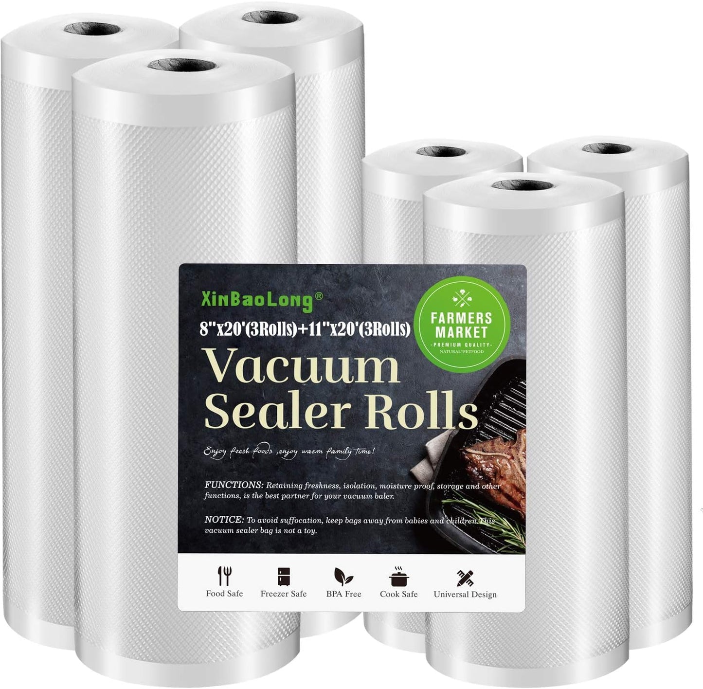Vacuum Sealer Bags For Food 6 Pack (3 Rolls 11"x20' + 3 Rolls 8"x20')