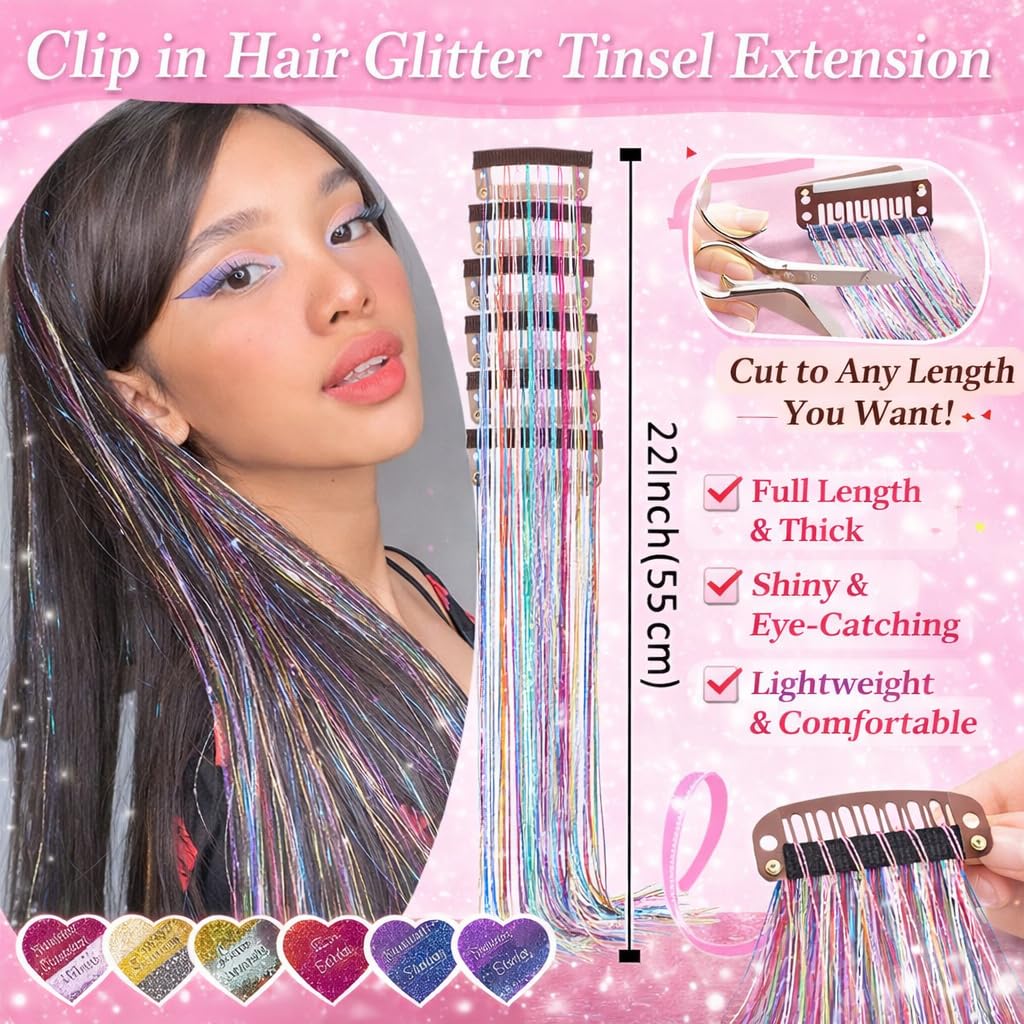Hair Tinsel 12 Pcs Clip in Hair Tinsel Kit for Girls 22 Inch Glitter Fairy Tinsel Hair Extensions Colorful Heat Resistant Party Festival Accessories for Women Kids (rainbow)