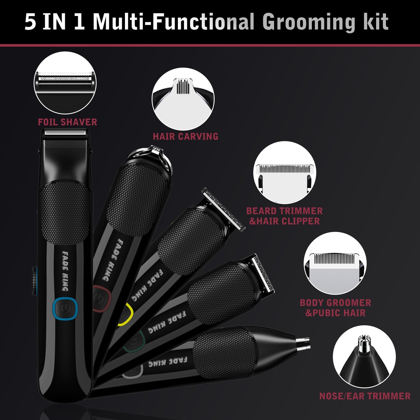FADEKING Beard Trimmer for Men, Professional Hair Trimmer, Waterproof Electric Beard Trimmer Razor for Nose, Body, Face & Mustache, Cordless Hair Clippers, Grooming Gifts for Men (Red)