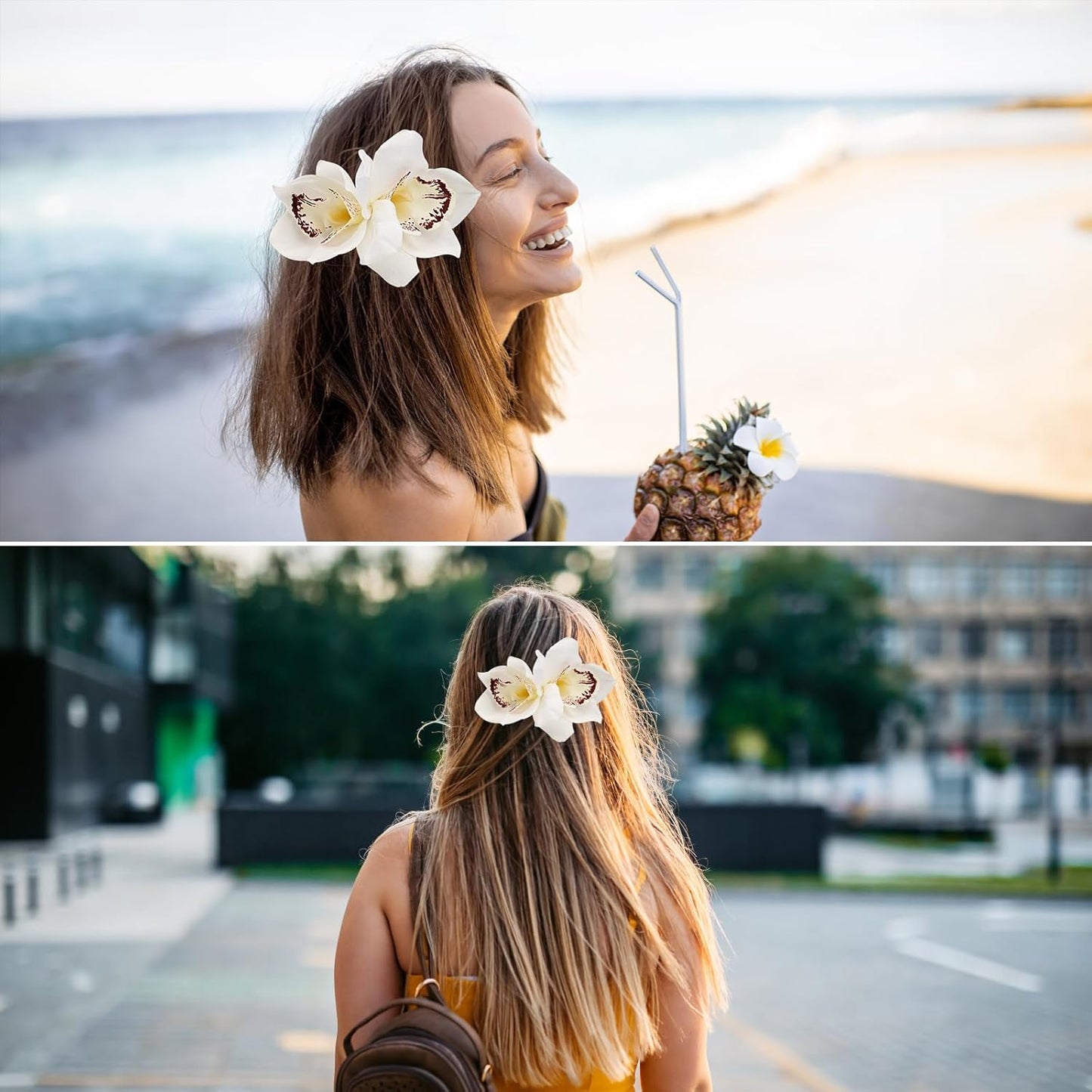 Hawaiian Flower Hair Clips - Artificial Orchid Hair Accessories for Vacation, Beach Parties & Weddings | White