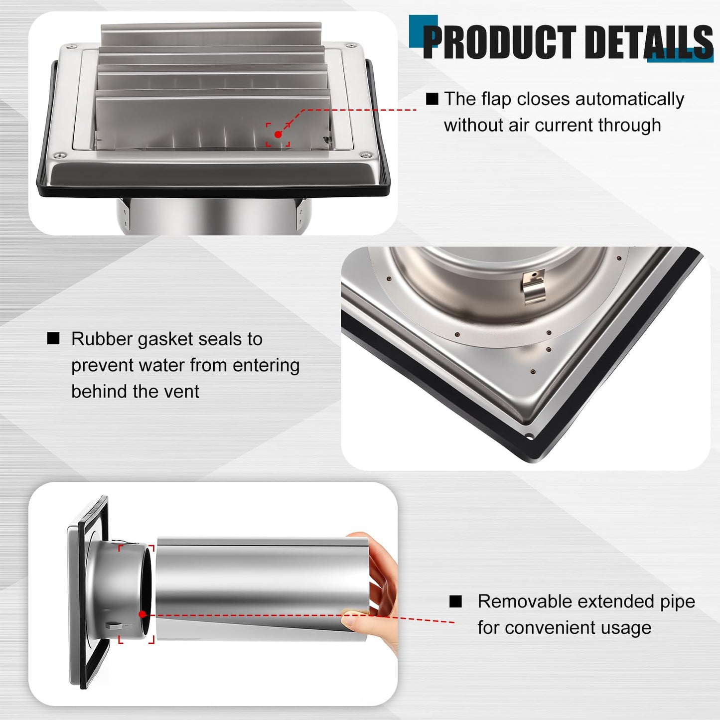 Glooglitter 4'' Dryer Vent Cover Outside Wall Stainless Steel Dryer Vent Cover Kit, Built-in Mesh, with 8 Inch Removable Extension Pipe and 4 Pcs Screws, for House Outdoor Extended Air Pipe