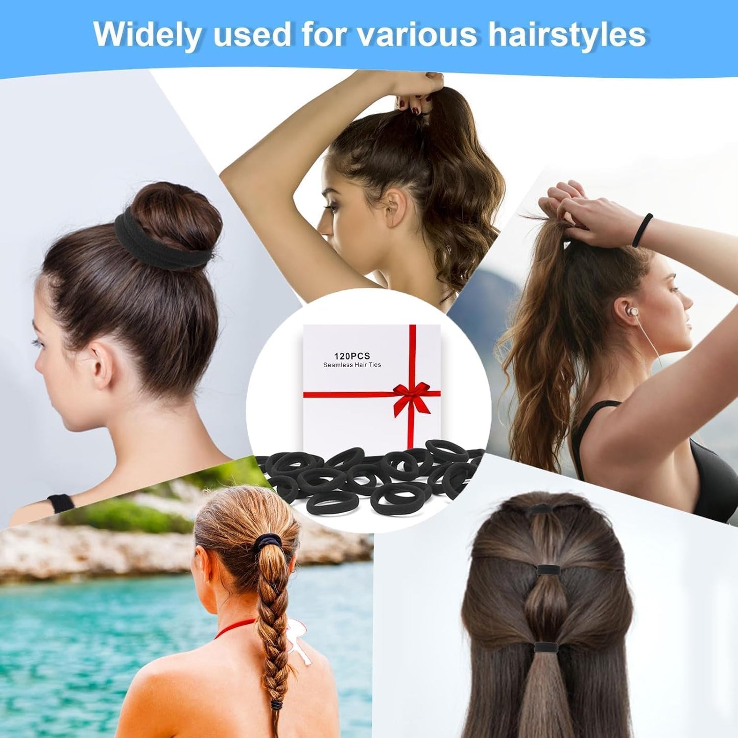 120PCS Black Hair Ties - Seamless Soft Ponytail Holders for All Hair Types | No Damage Elastics